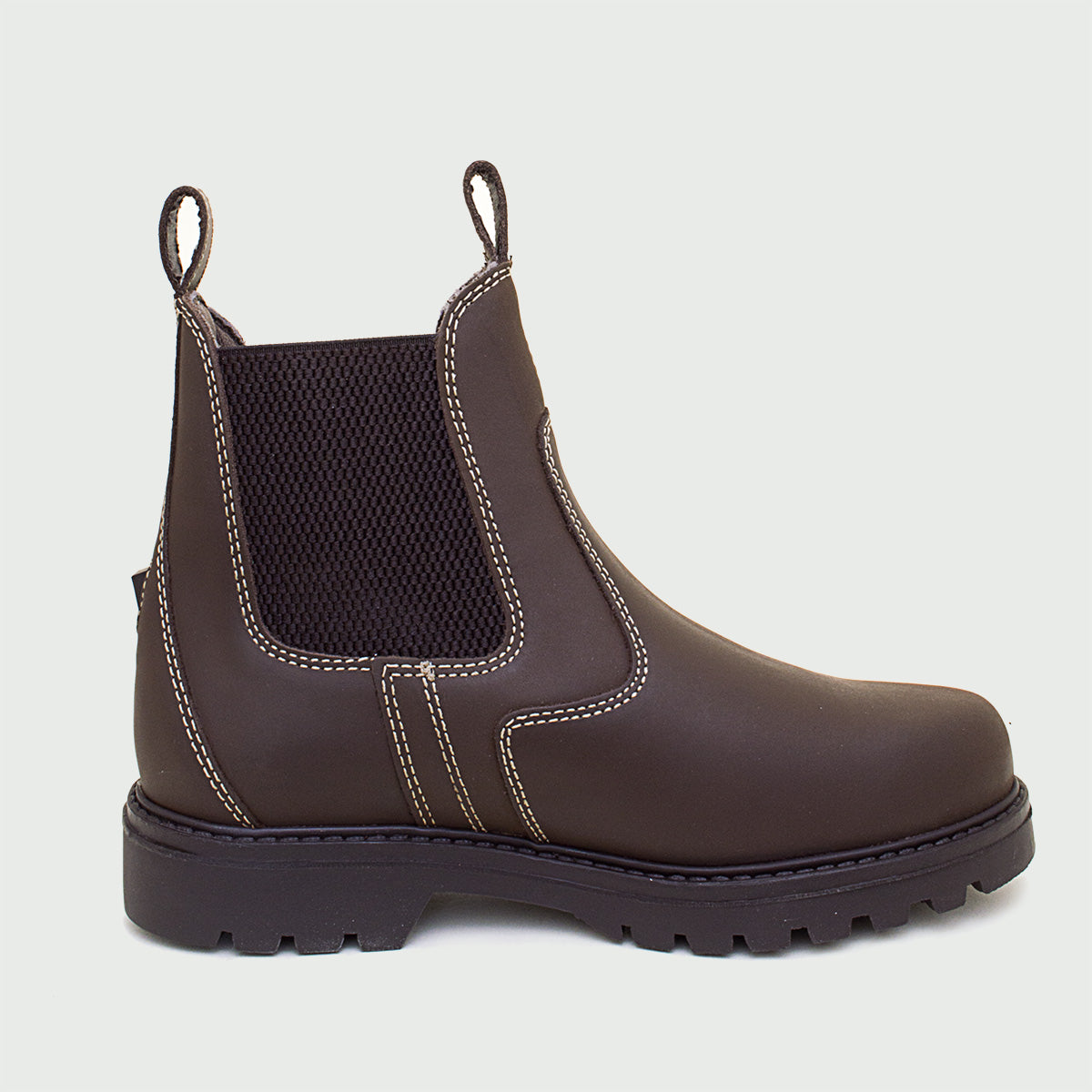 Bareback Bronx brown country yard boots, side view of a single boot, opposite angle