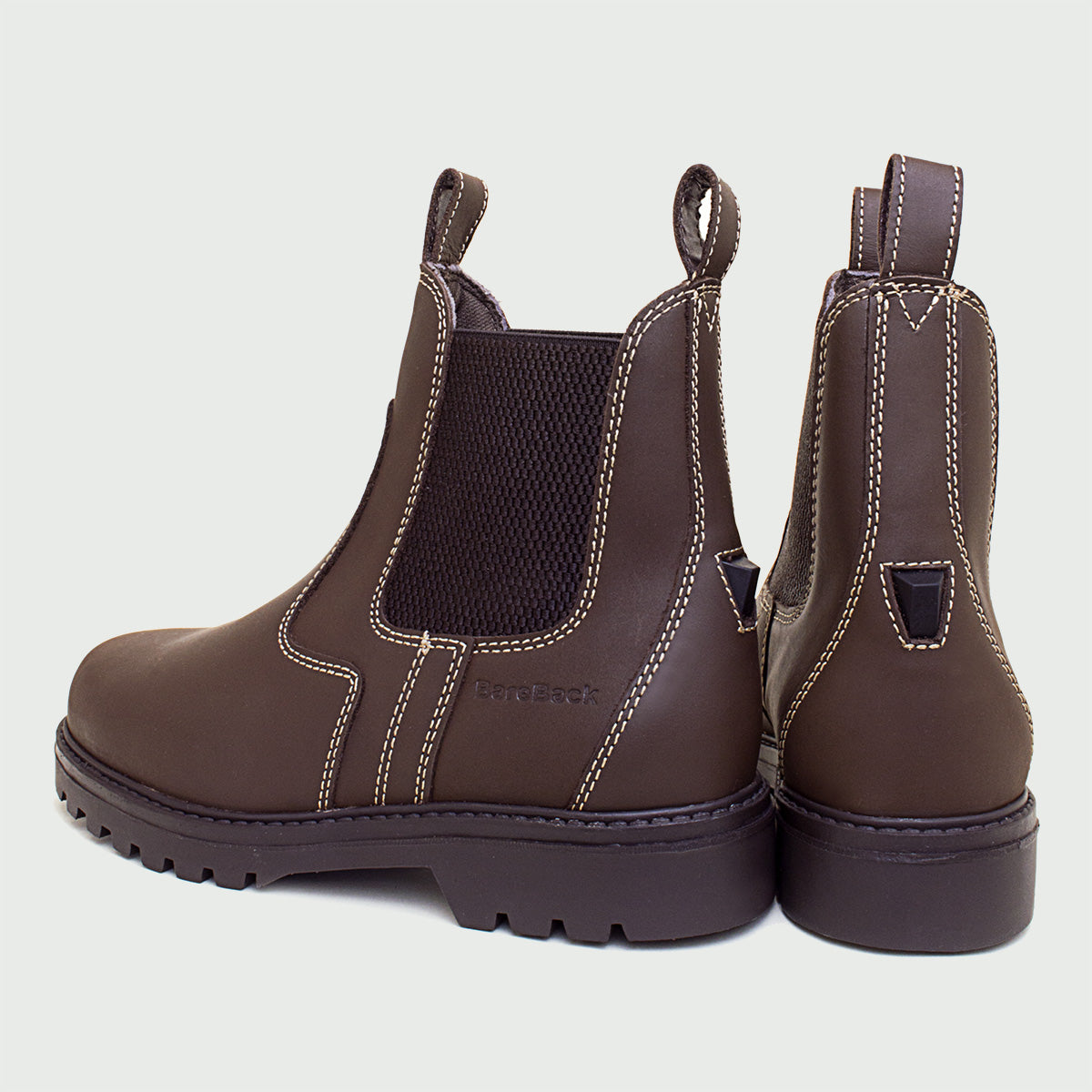 Bareback Bronx brown country yard boots, rear angled view of the pair
