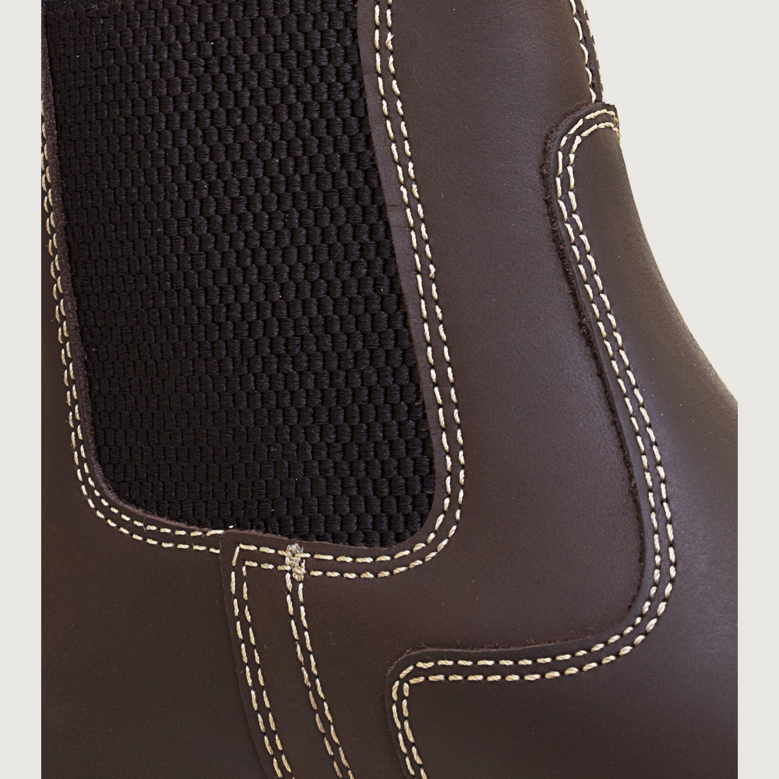 Bareback Bronx brown country yard boots, close-up side view showing the stitching detail