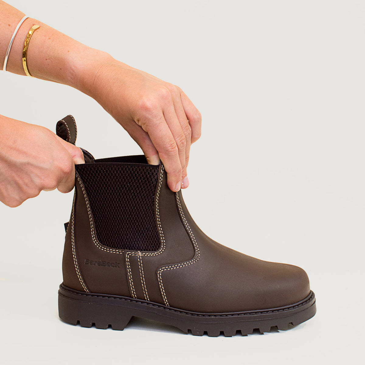 Bareback Bronx brown country yard boots, showing the elasticated stretch panel