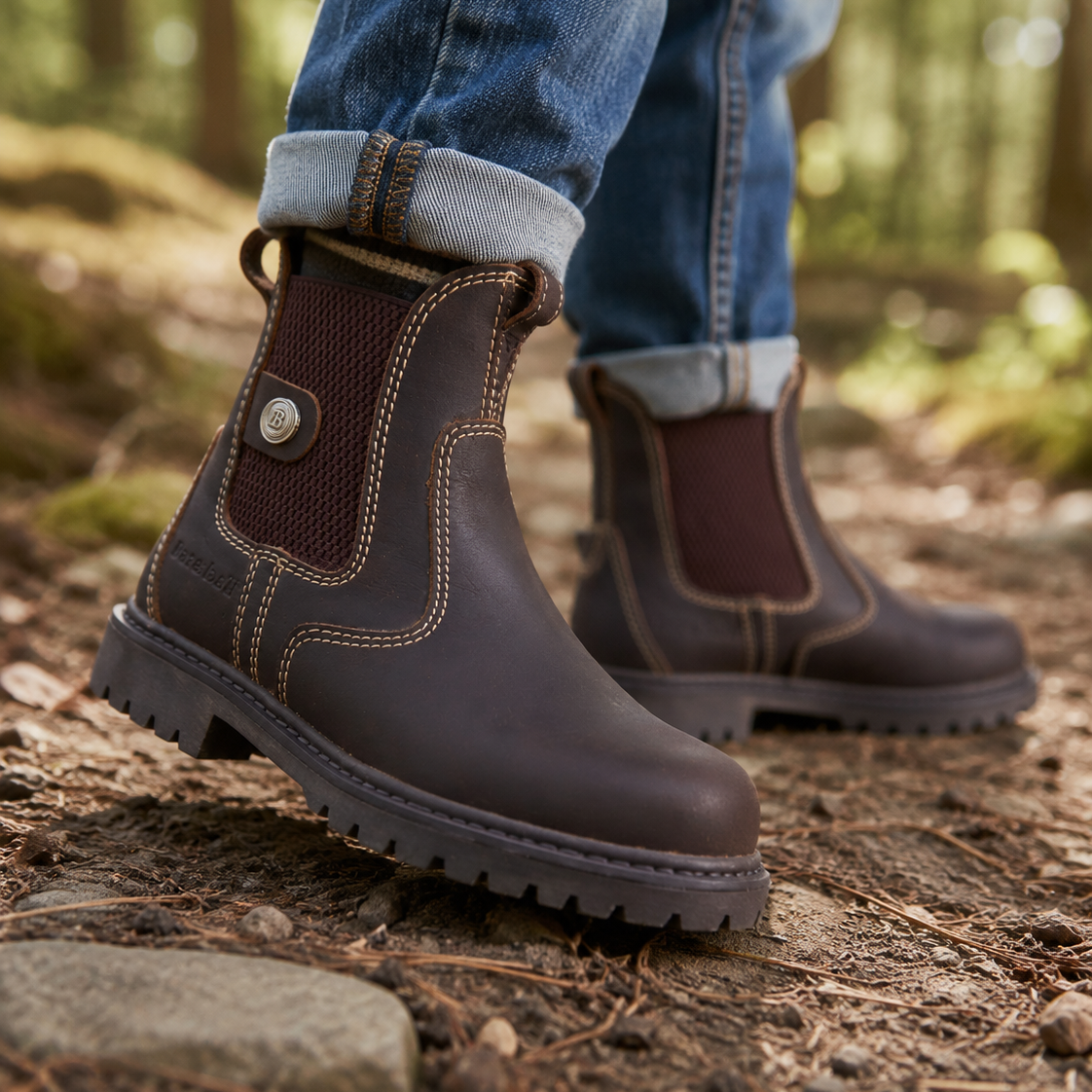 A person wearing dark brown leather Chelsea-style ankle boots with elastic side panels and rolled-up blue jeans, standing on a forest path with trees and rocks in the background.