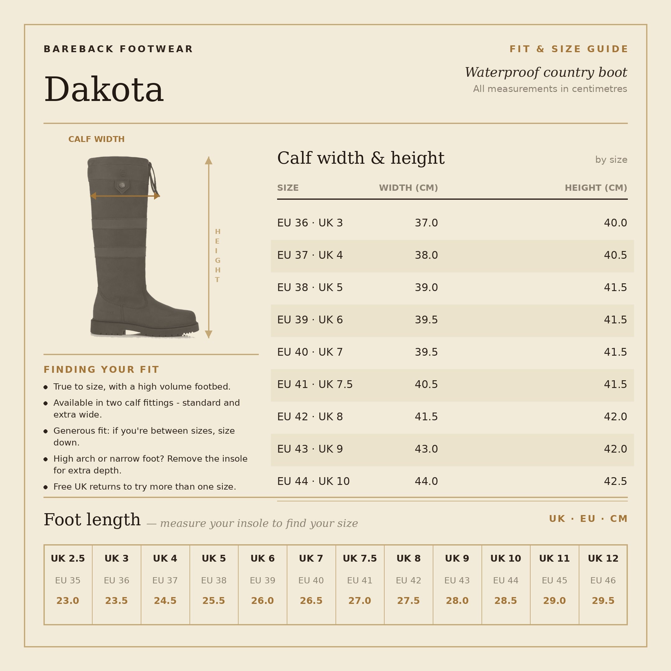 Bareback Dakota waterproof country boots size guide chart