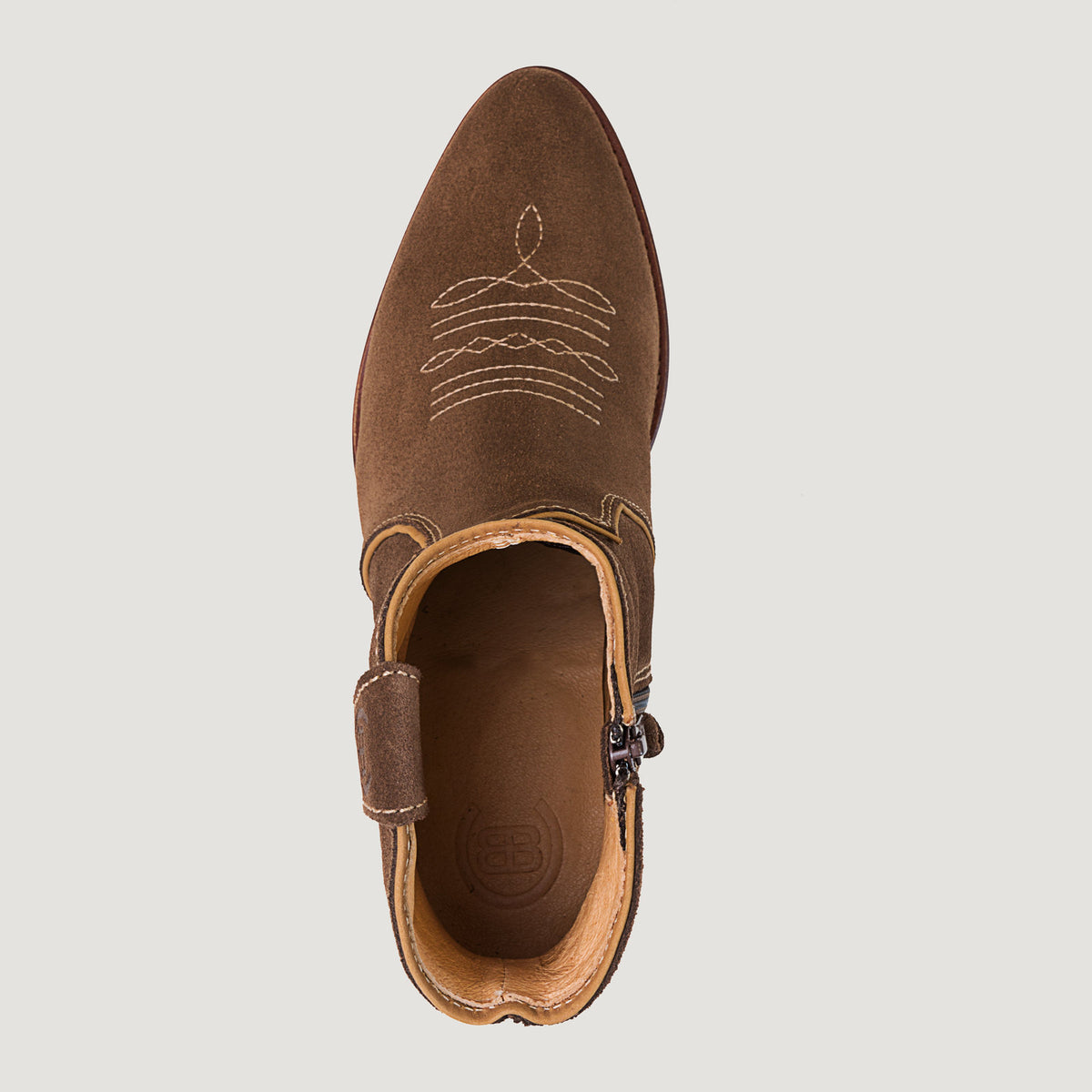 Bareback Dixie cowboy boots in brown suede, top-down view showing the lining