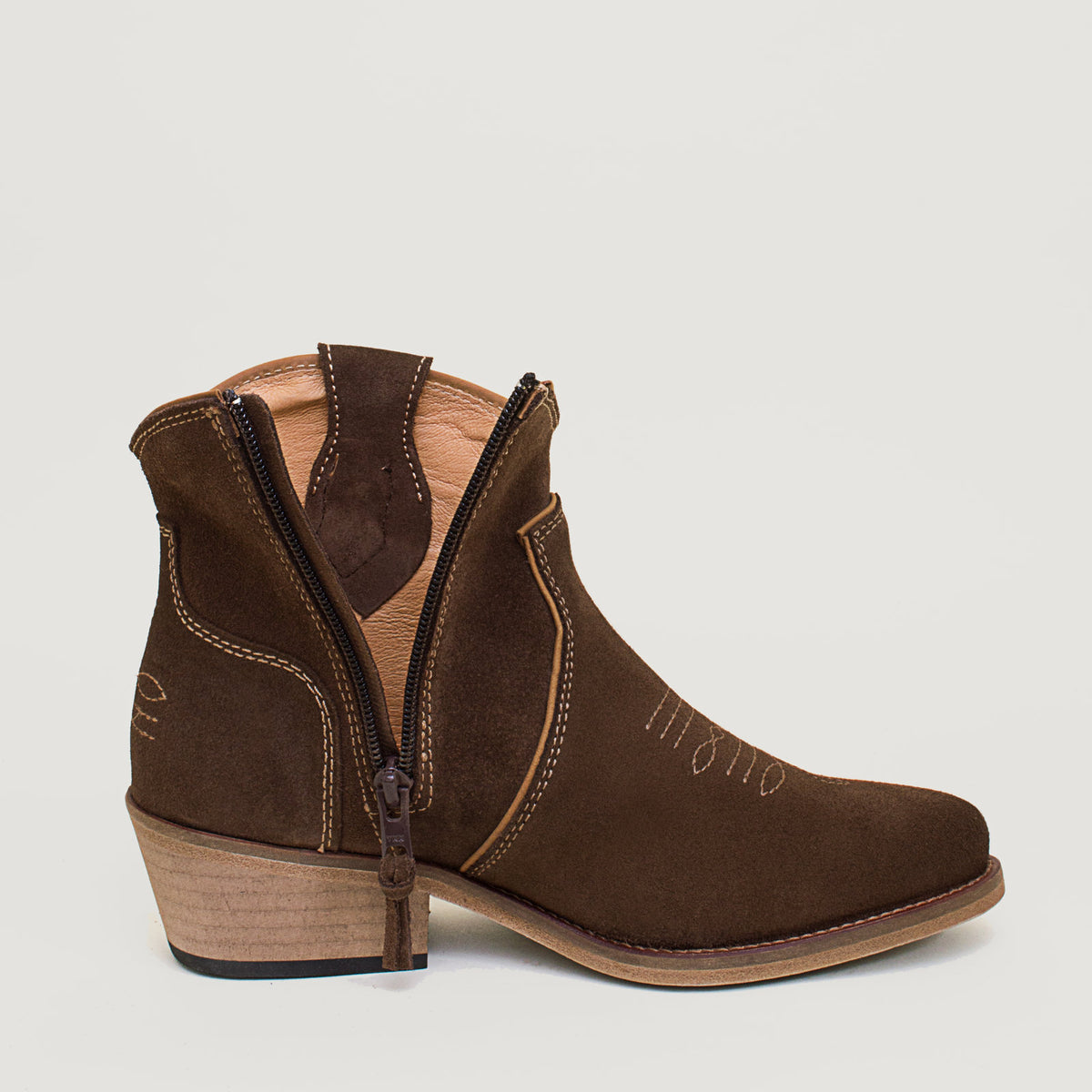 Bareback Dixie cowboy boots in brown suede, with the side zip open