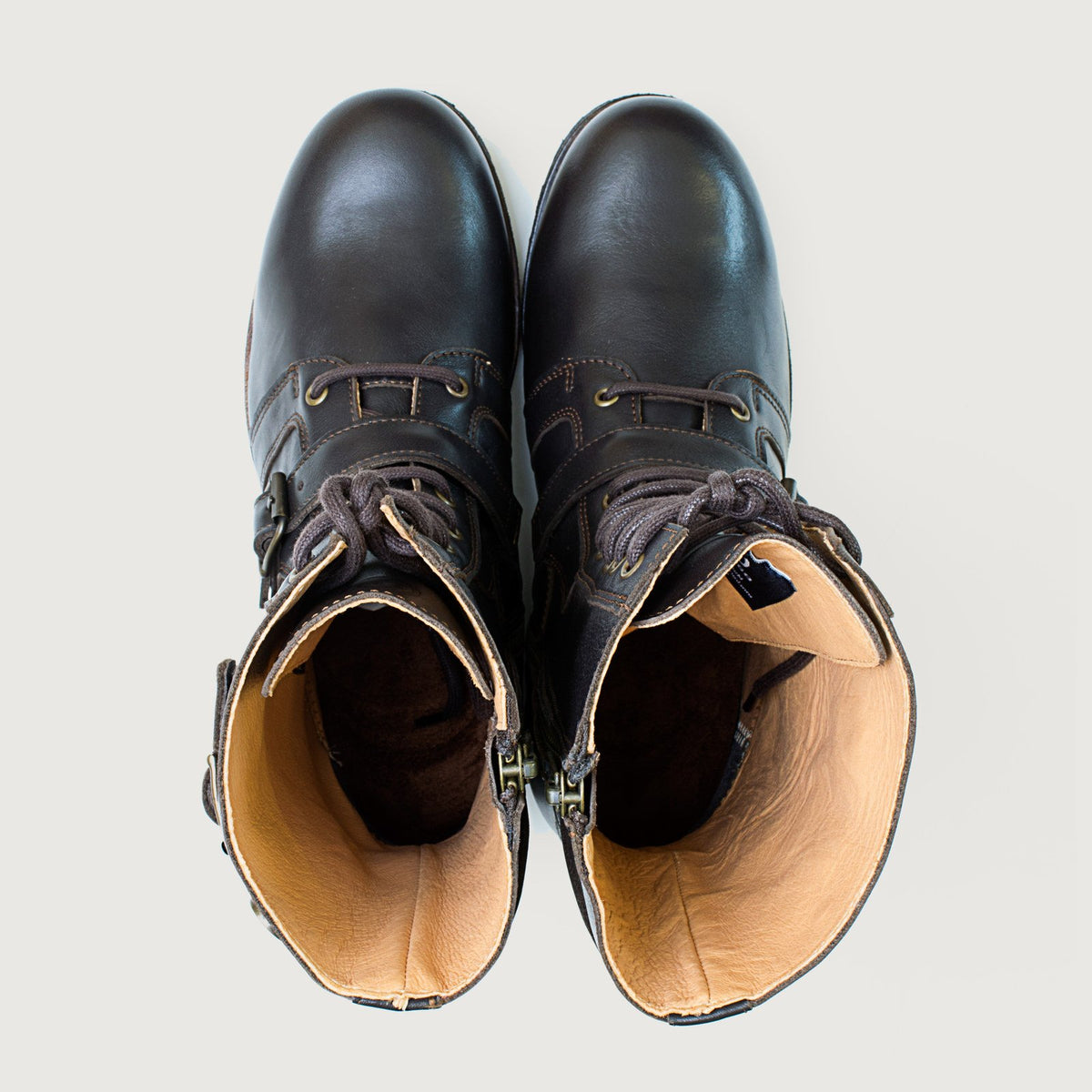 Bareback Harley boots in brown leather, top-down view of the pair showing the tan leather lining