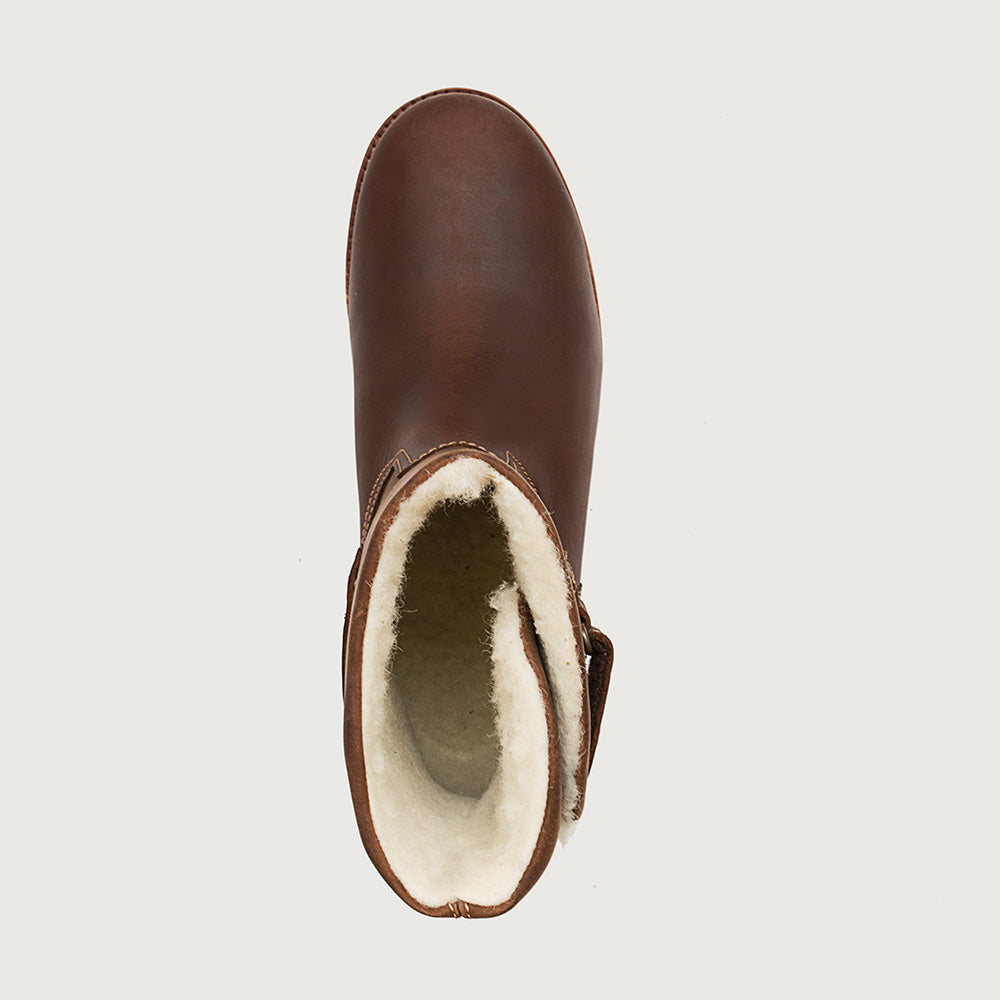 Highland Ankle Boots - Chestnut top-down view showing the wool lining