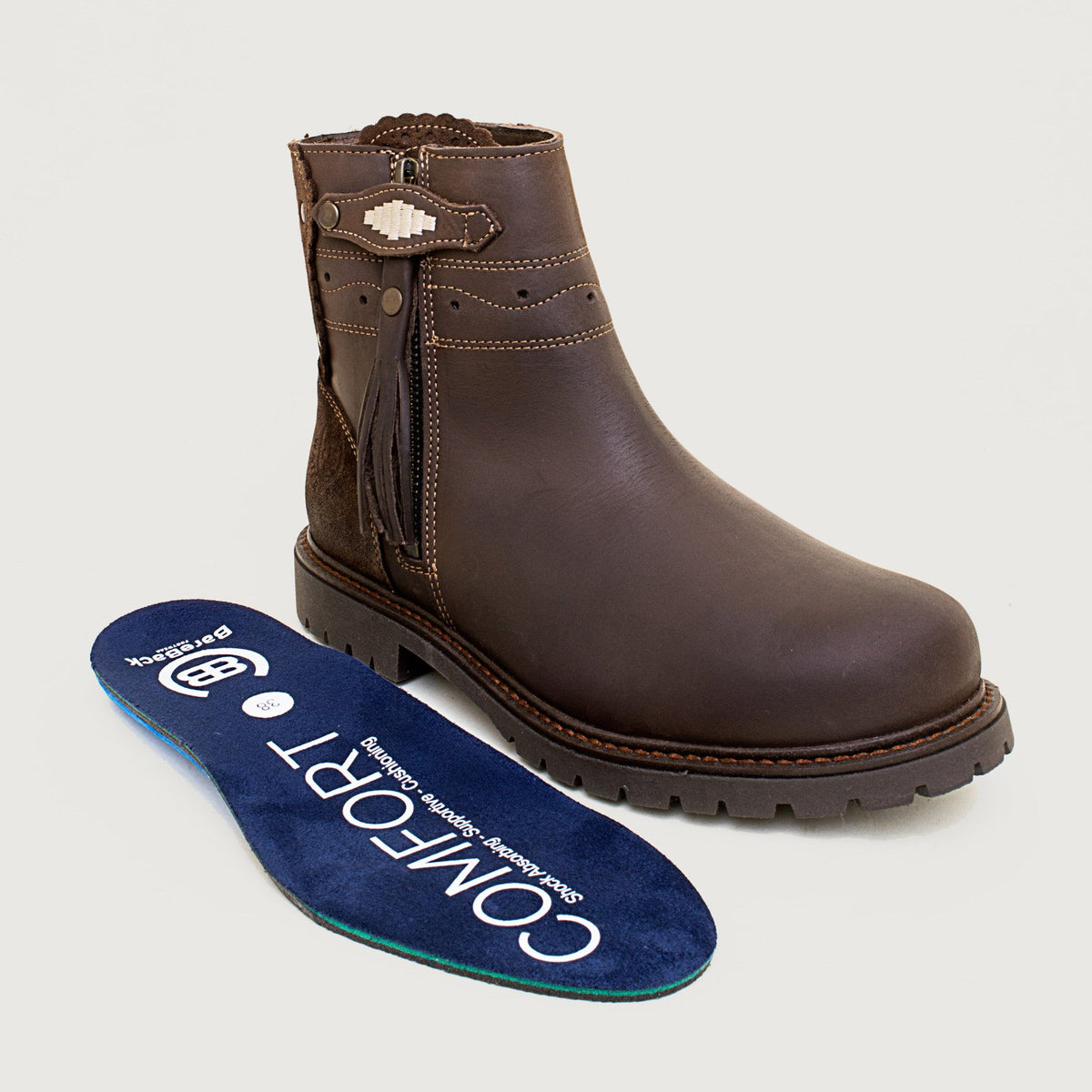 Bareback Hudson Ankle waterproof boots in chocolate leather, with the insole placed beside the boot