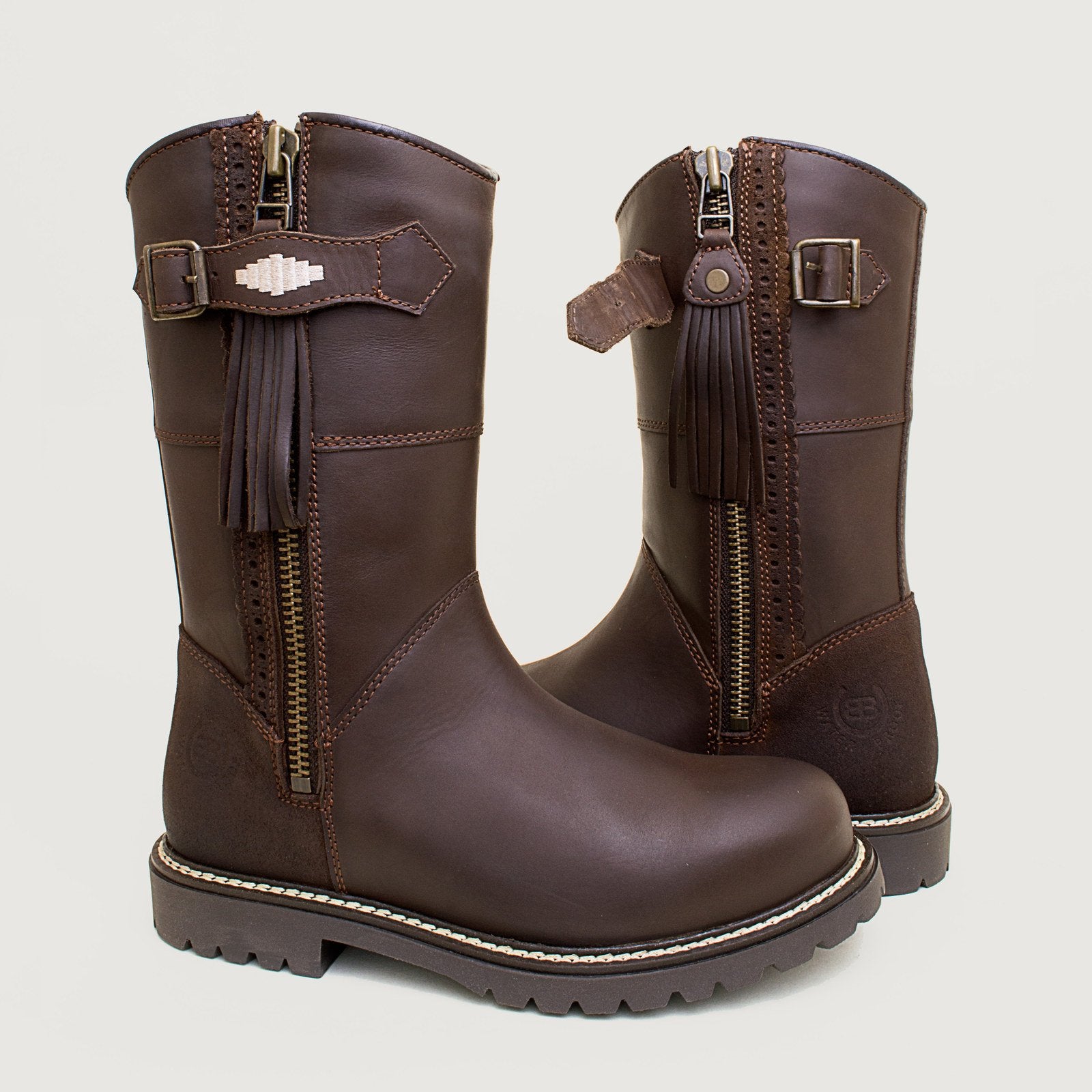 Bareback Hudson Mid waterproof boots in chocolate leather, showing the buckle closed and open