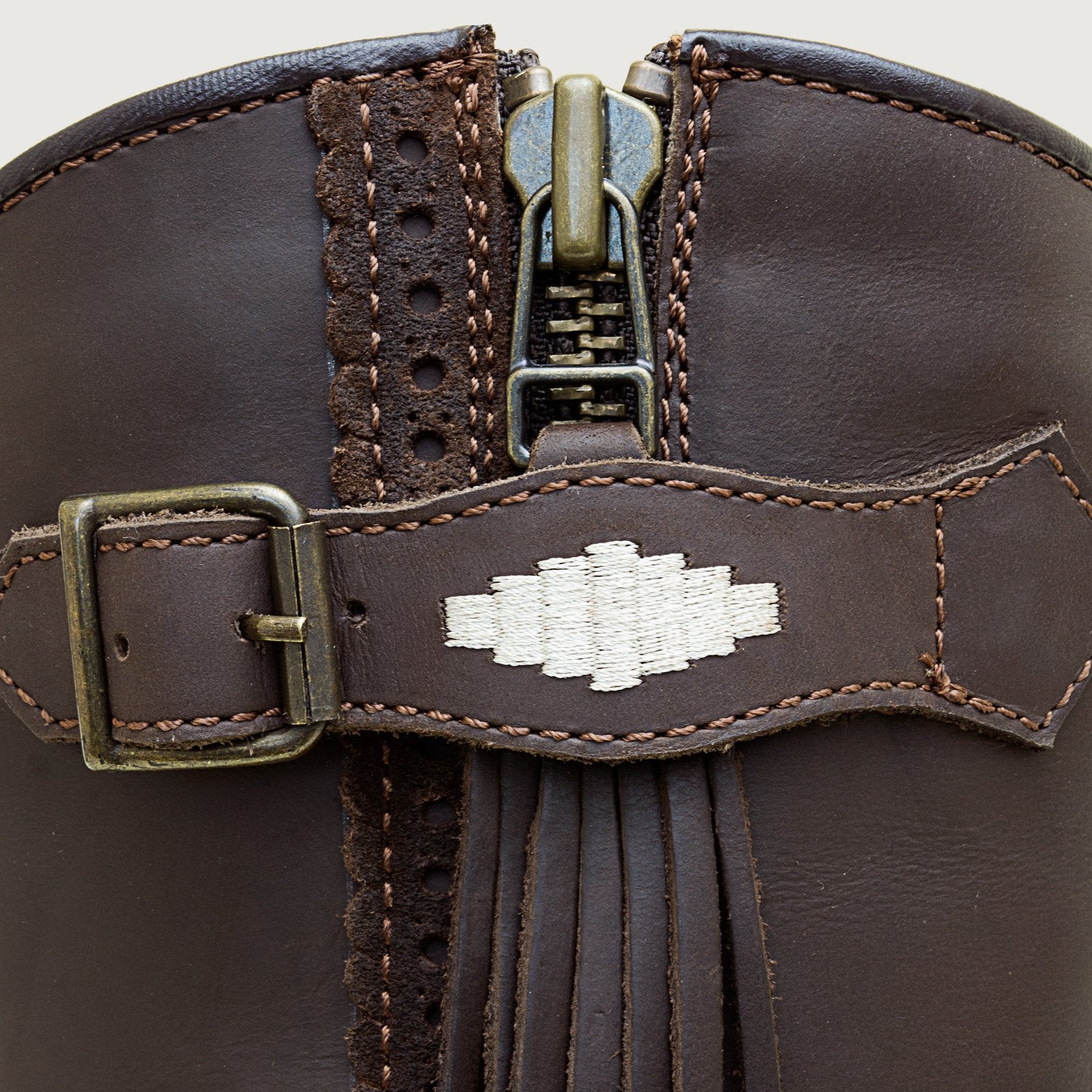 Bareback Hudson Mid waterproof boots in chocolate leather, close-up of the buckle, tassel and zip