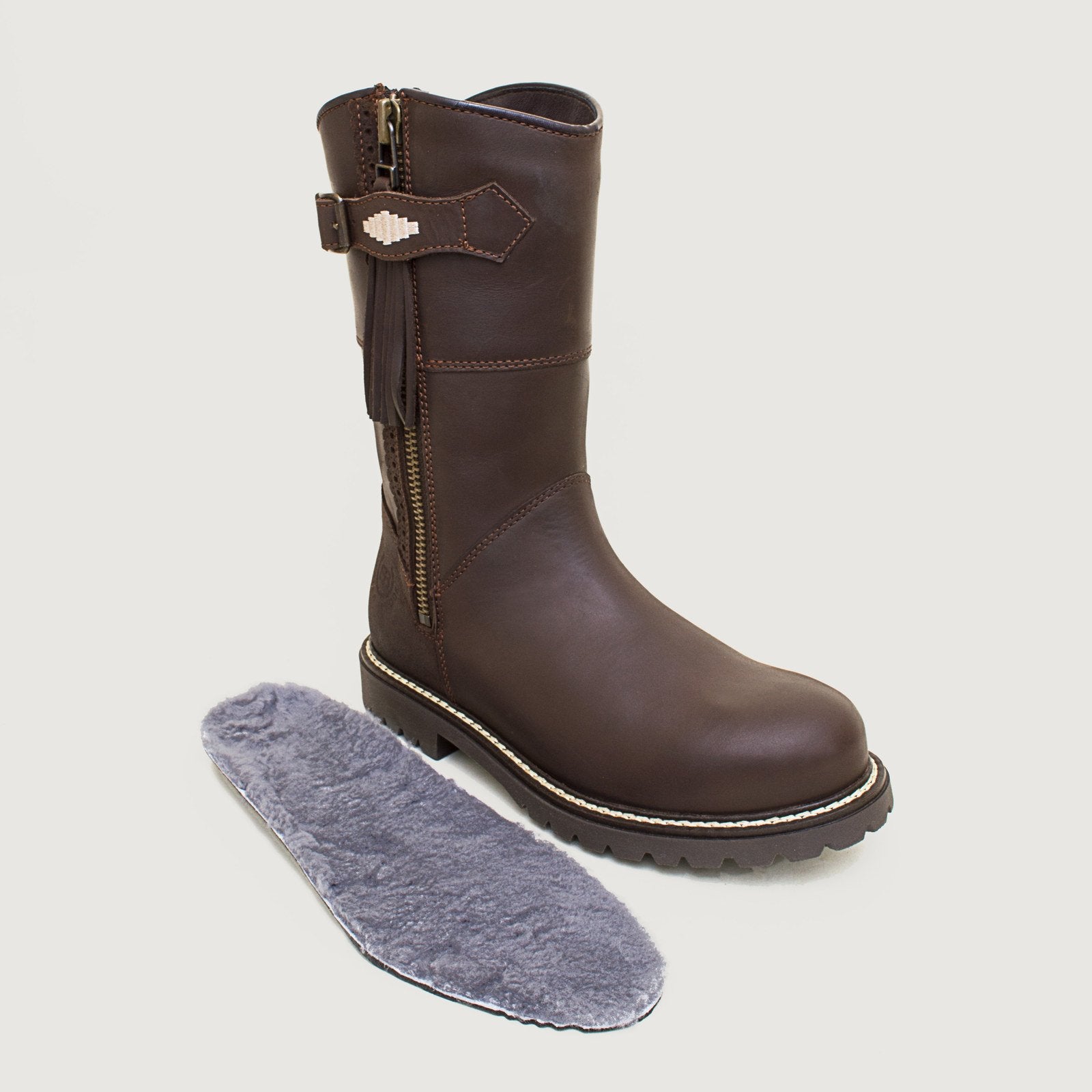 Bareback Hudson Mid waterproof boots in chocolate leather, with the insole placed beside the boot