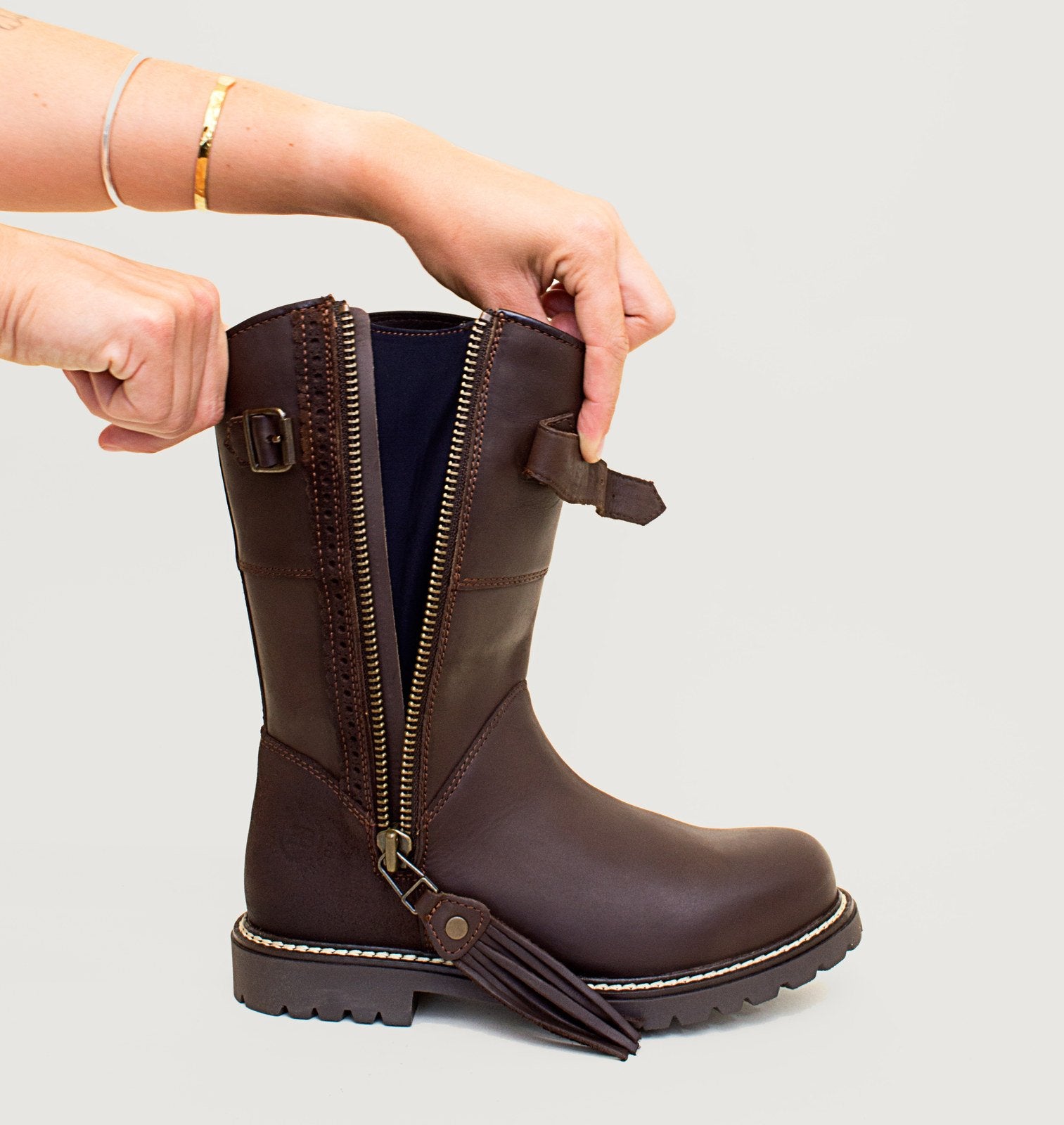 Bareback Hudson Mid waterproof boots in chocolate leather, showing the elasticated gusset