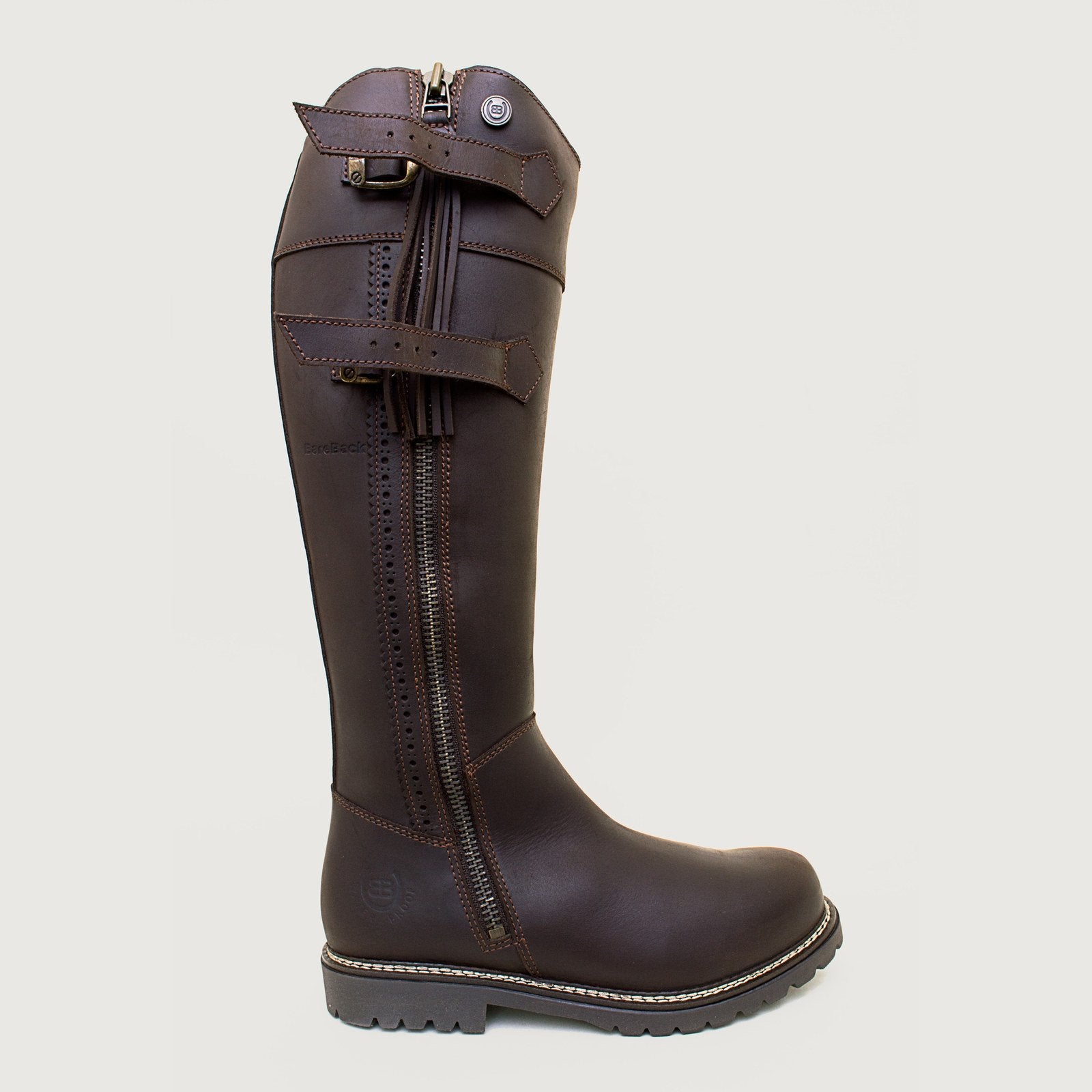 Bareback Hudson Storm waterproof boots in chocolate leather, with the buckle straps released