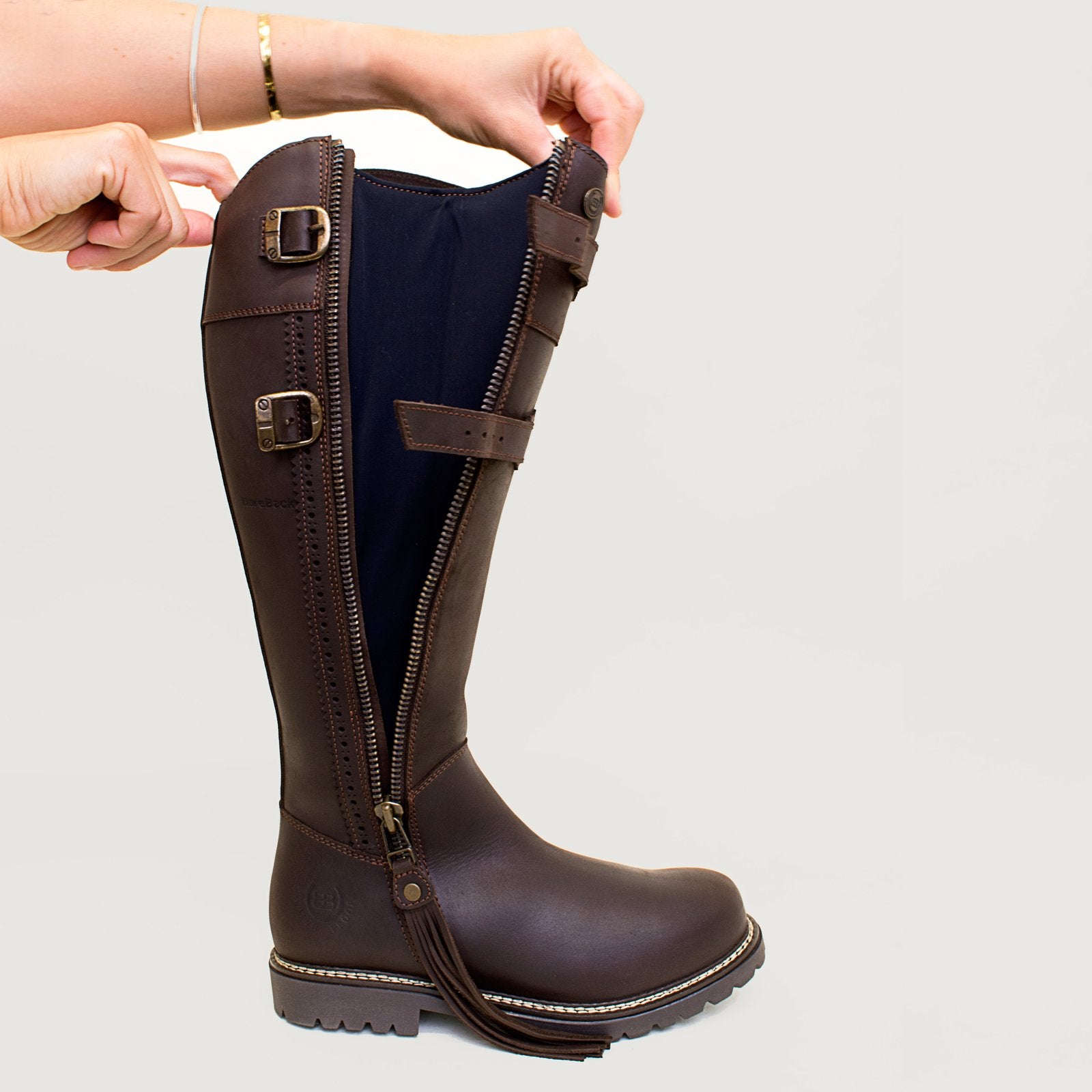Bareback Hudson Storm waterproof boots in chocolate leather, showing the elasticated gusset