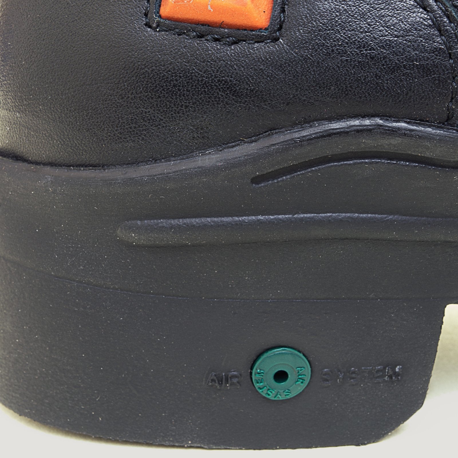Bareback Idaho Storm waterproof jodhpur riding boots in black leather, close-up of the outsole edge showing the Air System branding and stitching