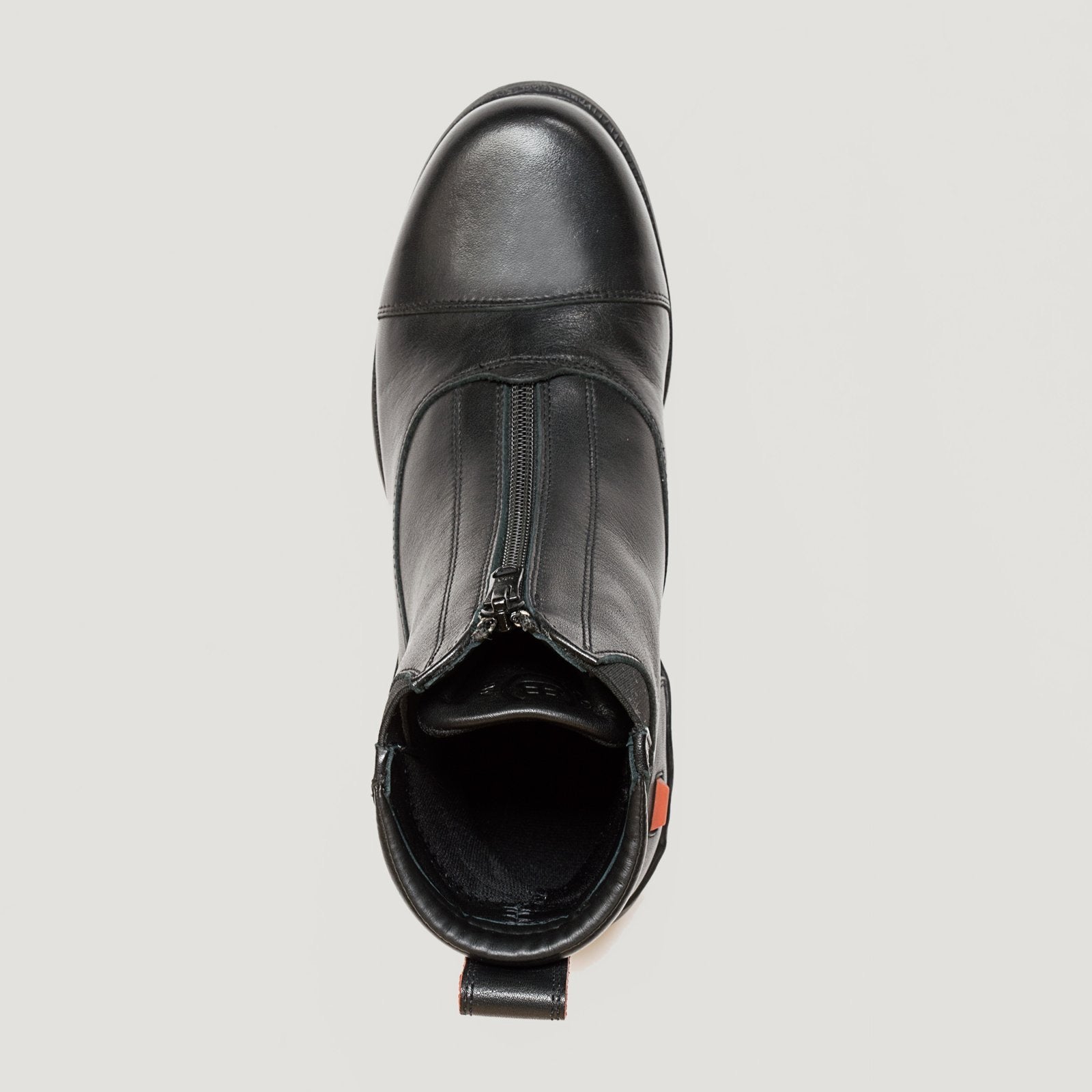 Bareback Idaho Storm waterproof jodhpur riding boots in black leather, top-down view showing the boot opening and lining