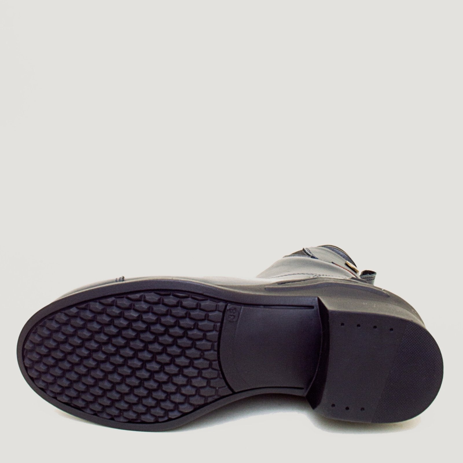 Bareback Idaho Storm waterproof jodhpur riding boots in navy leather, showing the patterned rubber outsole