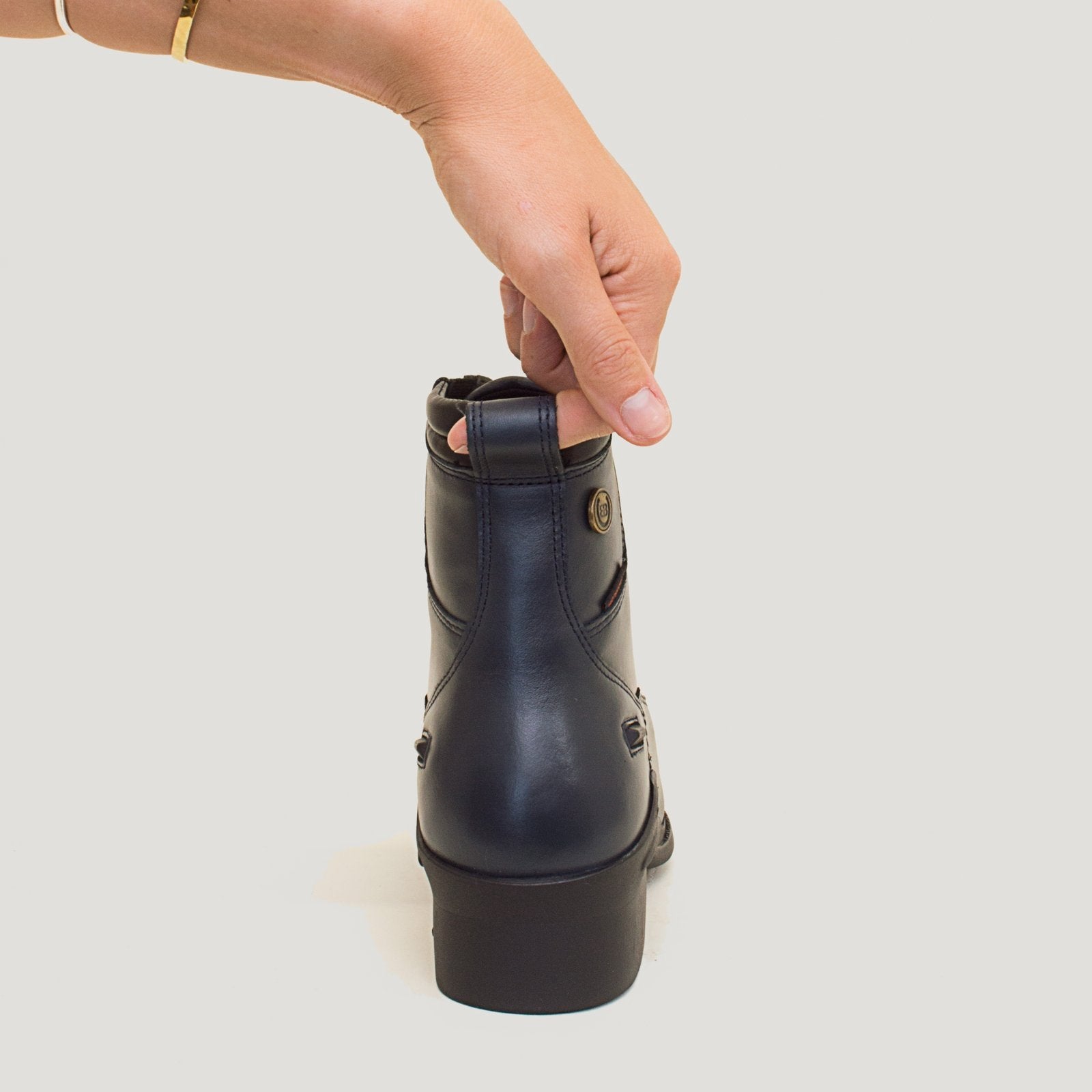 Bareback Idaho Storm waterproof jodhpur riding boots in navy leather, detail of the pull tab