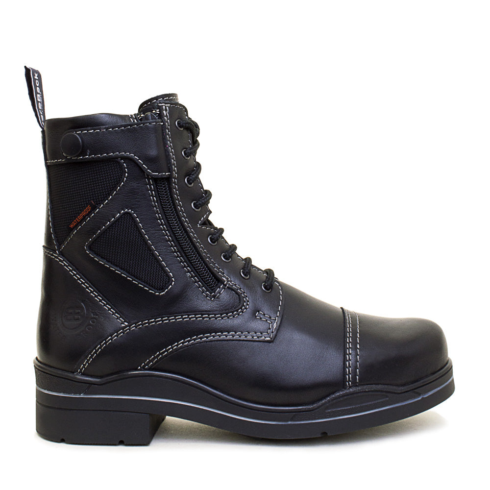 Black leather boot with lace-up design on a white background