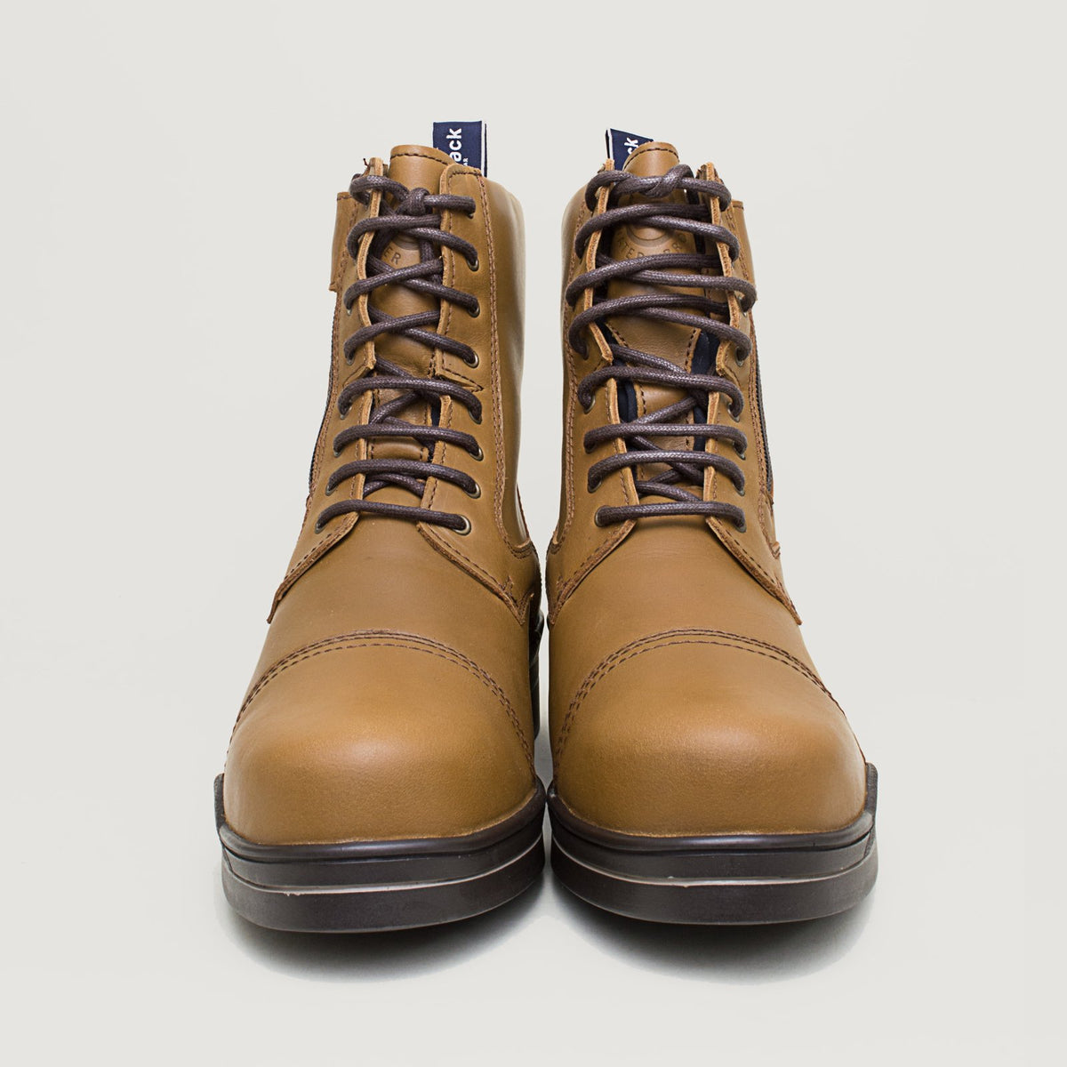 Bareback Kentucky Storm waterproof jodhpur boots in mocha, front view of the pair with the laces fastened