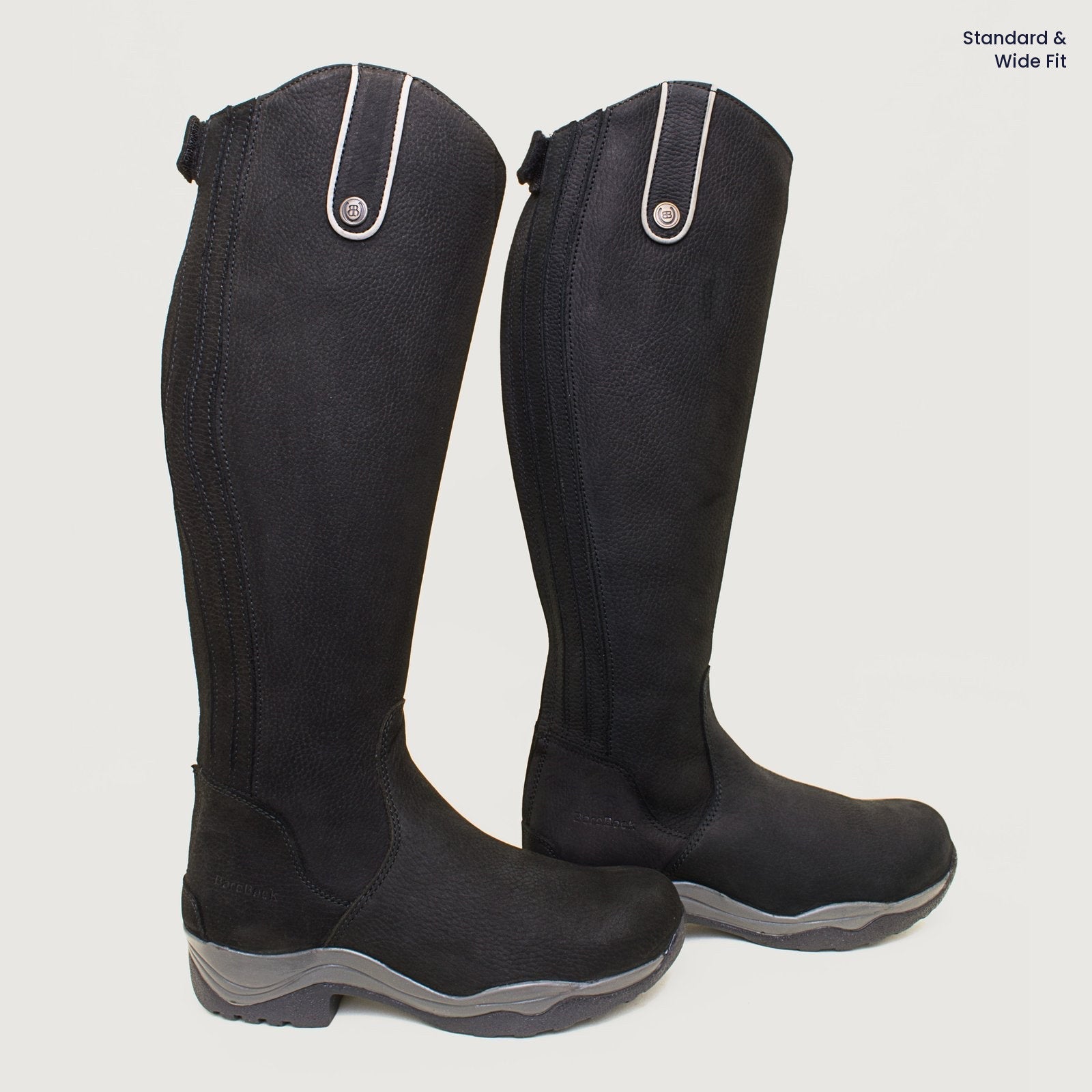 Montana black long riding boots showing standard and wide fit options