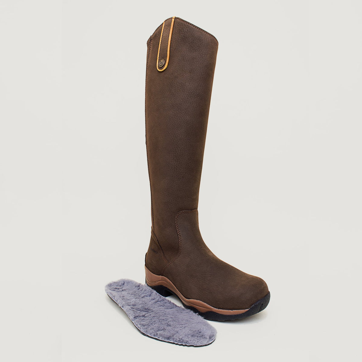 Montana brown long riding boots with the removable sheepskin insole