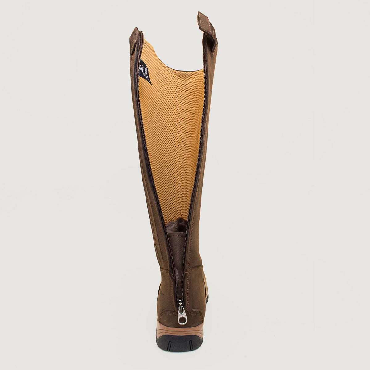 Rear view of a Montana brown riding boot with the full-length zip open