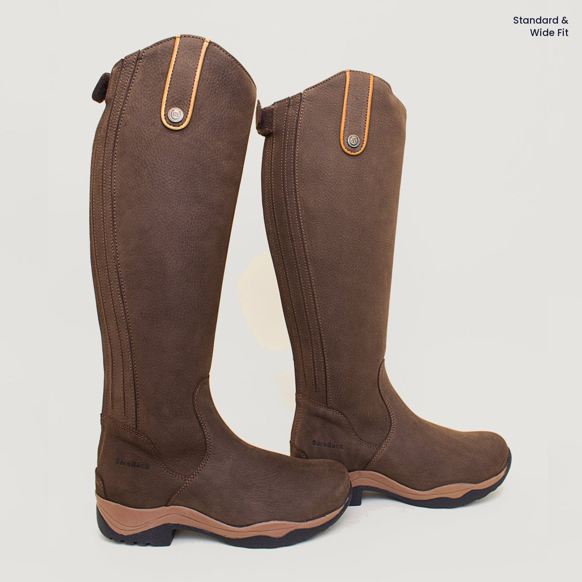 Montana brown long riding boots showing standard and wide fit options