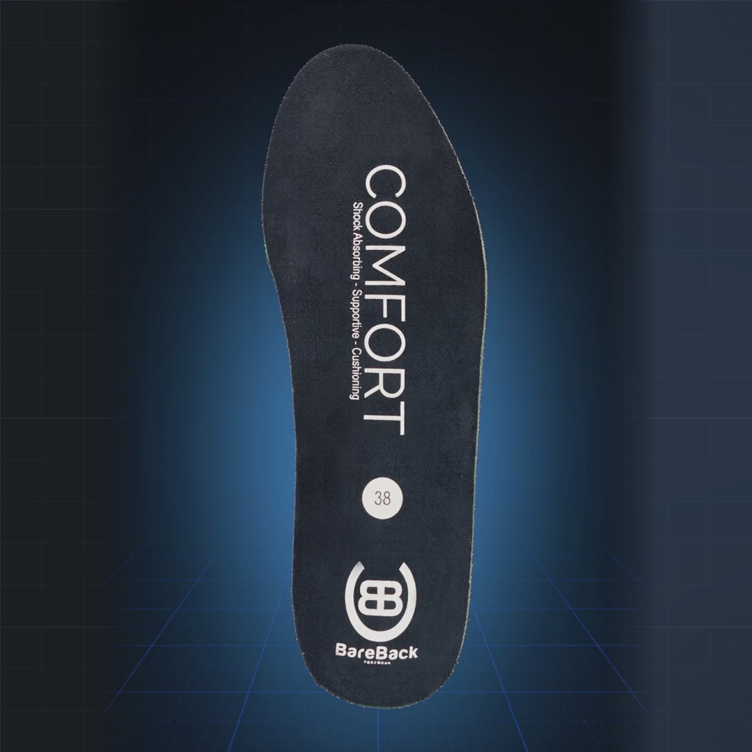 Bareback X-Comfort insole rotating, showing the shock pad under the ball of the foot, the moulded arch support and the memory foam heel pad