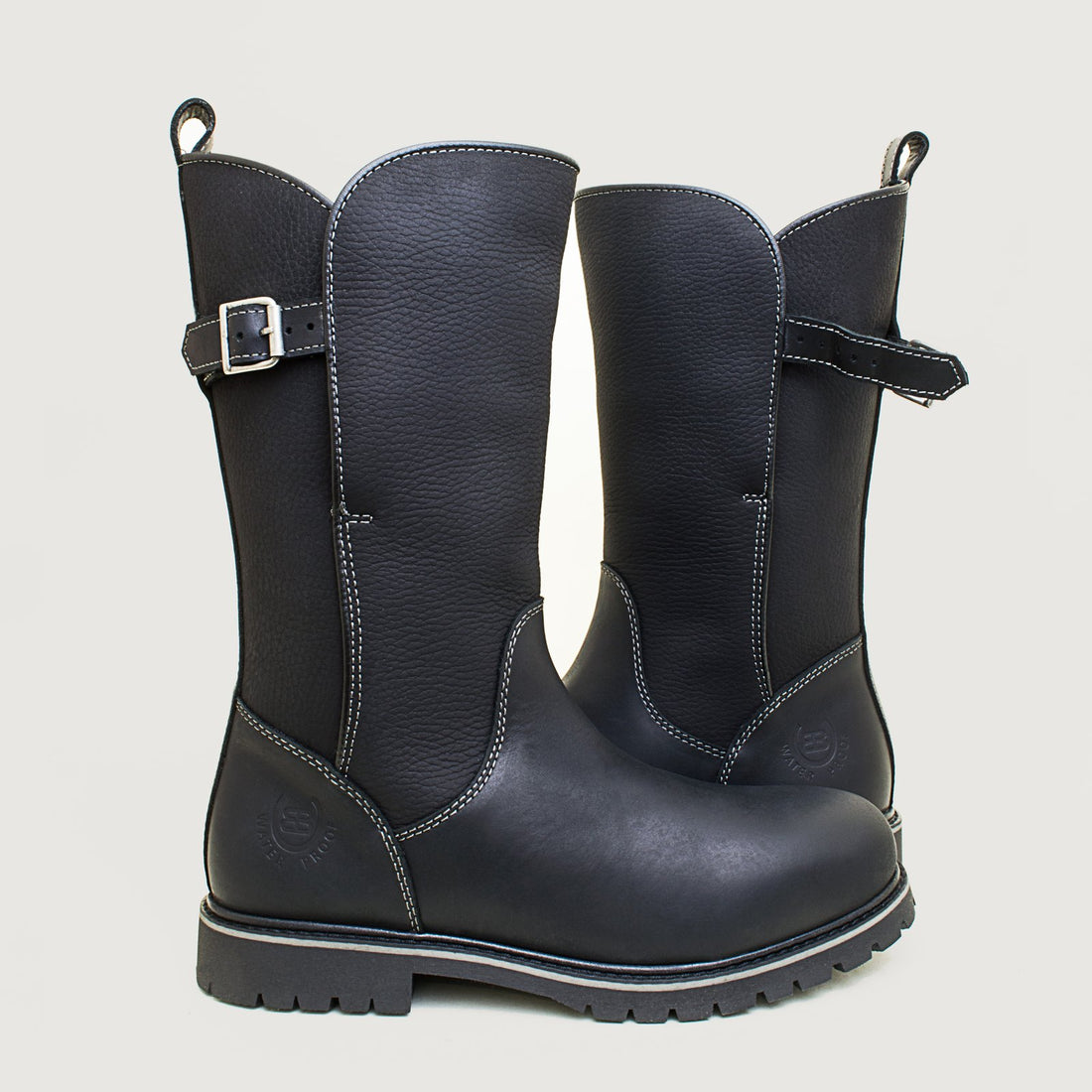 Bareback Quebec waterproof mid calf boots in black, pair shown with the back buckle strap both closed and open