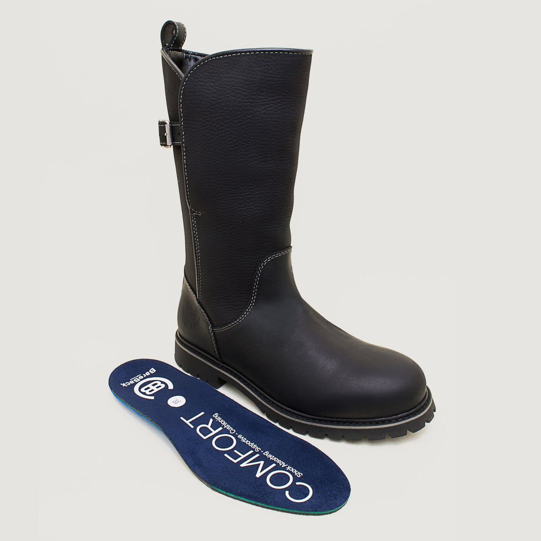 Bareback Quebec waterproof mid calf boots in black, standing beside the removable Comfort insole