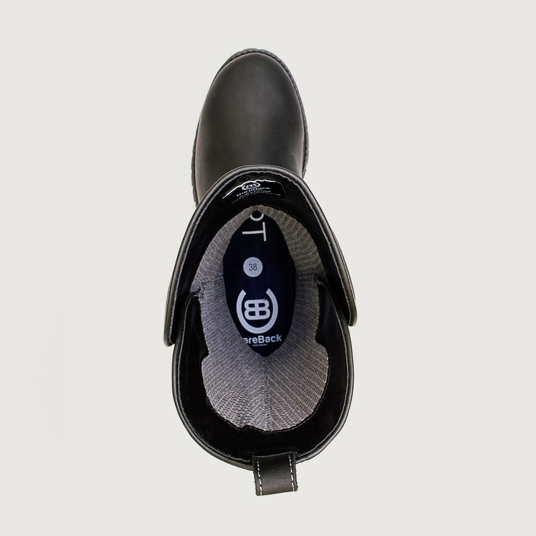 Bareback Quebec waterproof mid calf boots in black, top-down view into the boot showing the branded lining