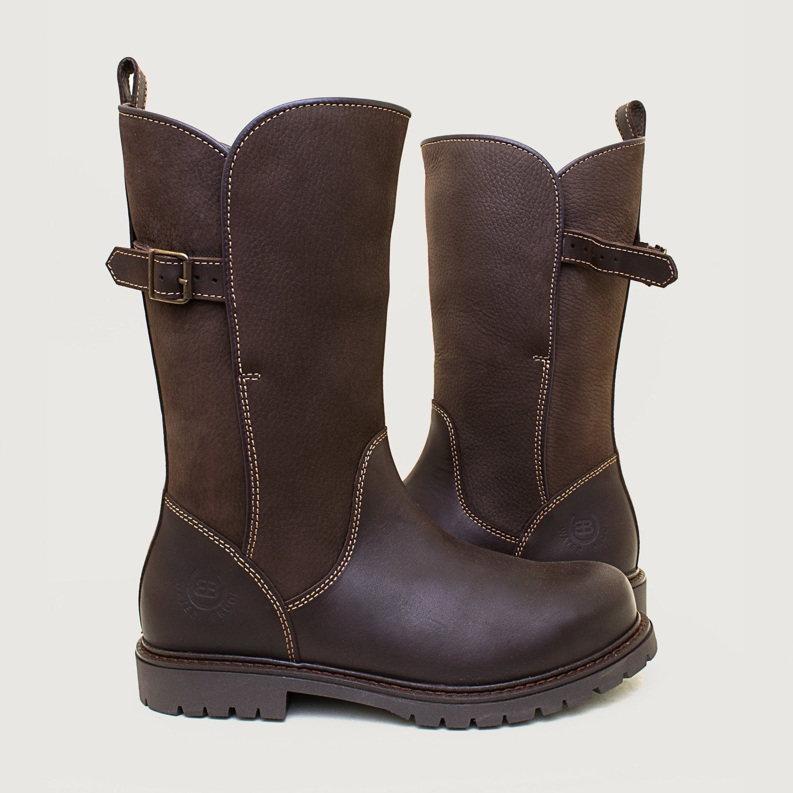 Bareback Quebec waterproof mid-calf boots in brown leather, pair shown with the calf buckle open and closed
