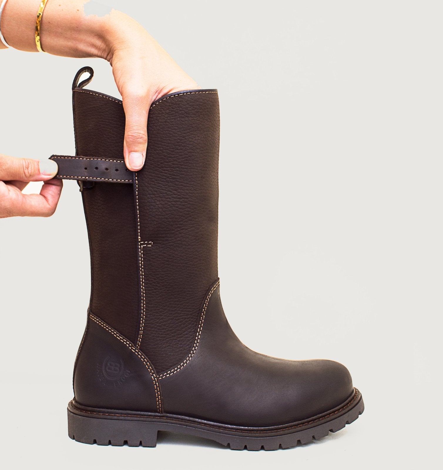 Bareback Quebec waterproof mid-calf boots in brown leather, side view with the calf buckle strap released
