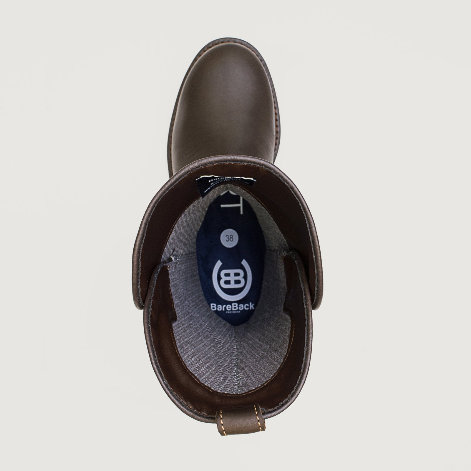 Bareback Quebec waterproof mid-calf boots in brown leather, top-down view showing the boot opening