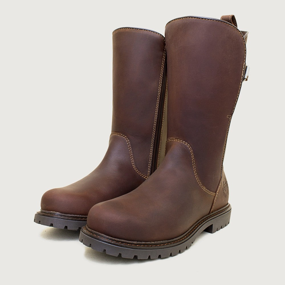 Bareback Quebec waterproof zip up mid calf boots in chestnut leather, angled pair view