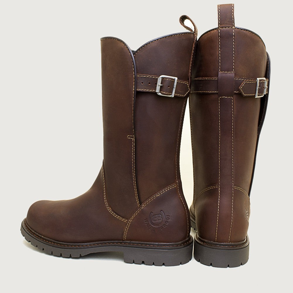 Bareback Quebec waterproof zip up mid calf boots in chestnut leather, rear pair view