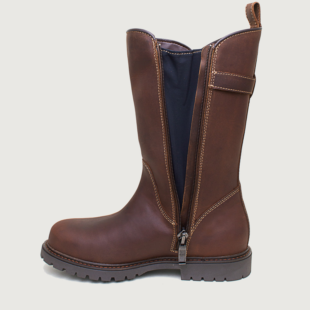 Bareback Quebec waterproof zip up mid calf boots in chestnut leather, close-up of the front zip and buckle strap