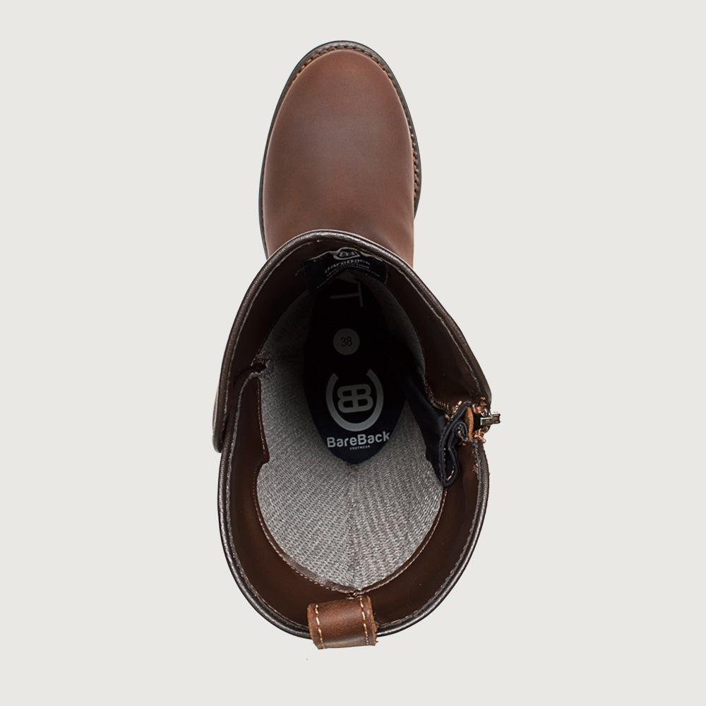 Bareback Quebec waterproof zip up mid calf boots in chestnut leather, top-down view into the boot showing the lining