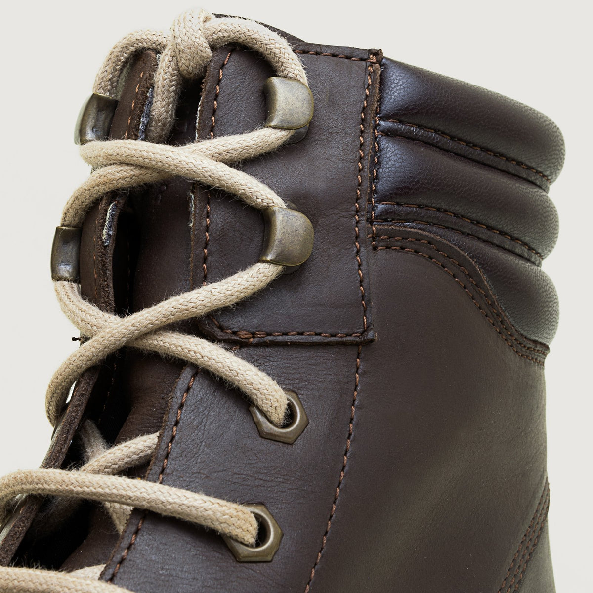 Bareback Rocky waterproof boots in brown, close-up of the lace eyelets and stitching