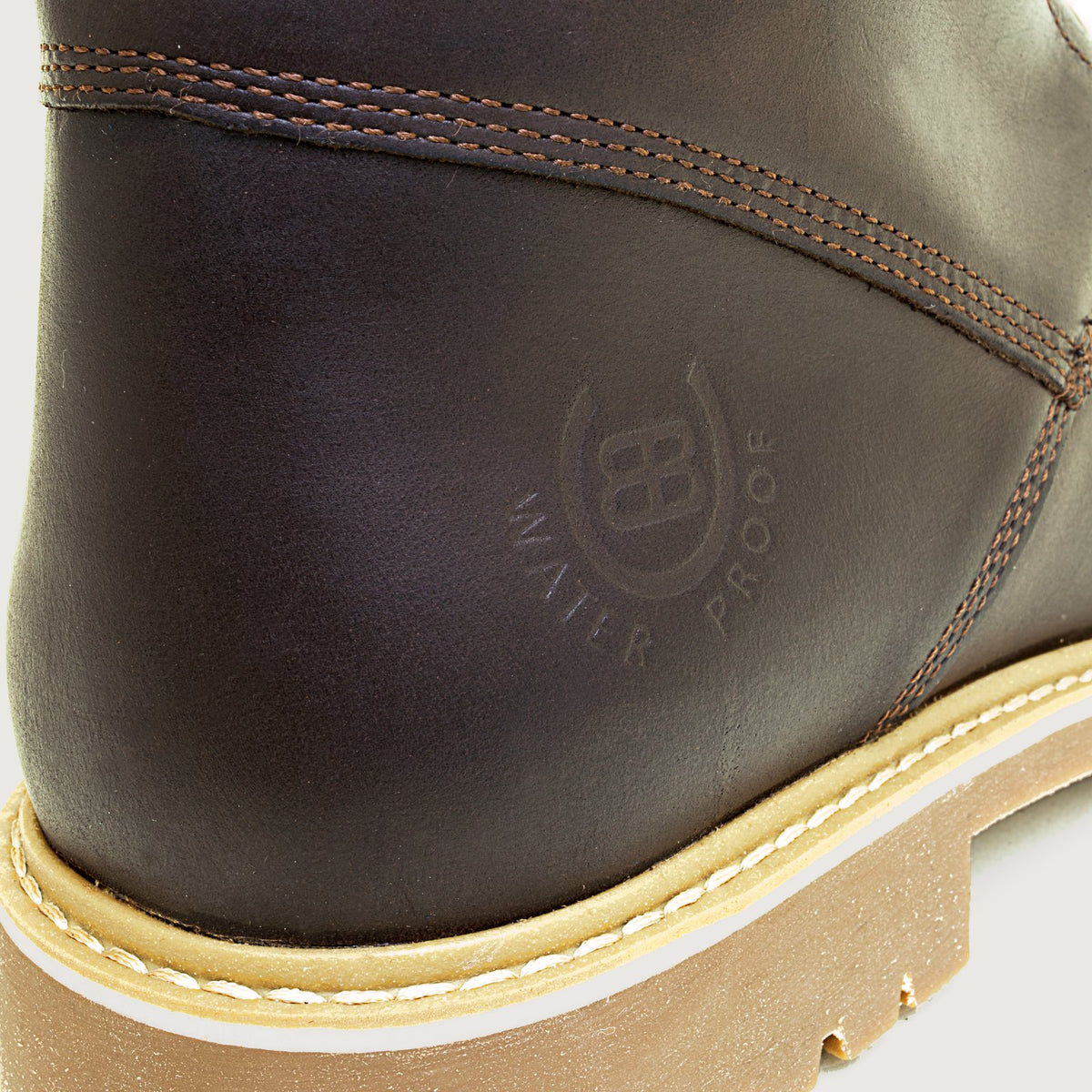 Bareback Rocky waterproof boots in brown, close-up of the embossed waterproof logo on the heel