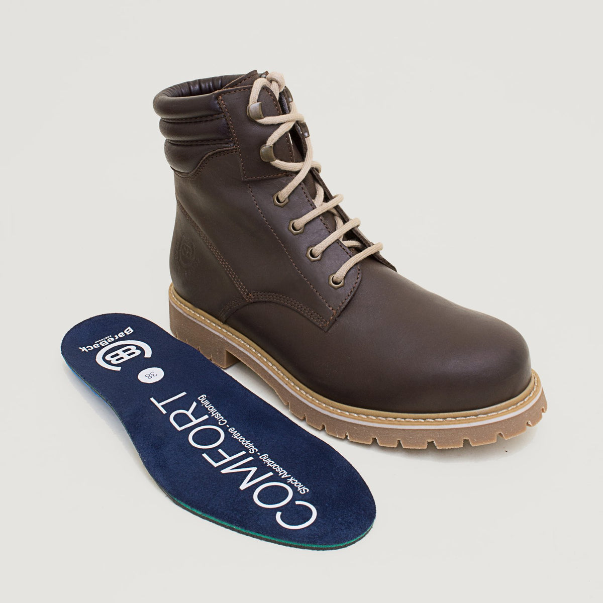Bareback Rocky waterproof boots in brown, standing beside the removable Comfort insole