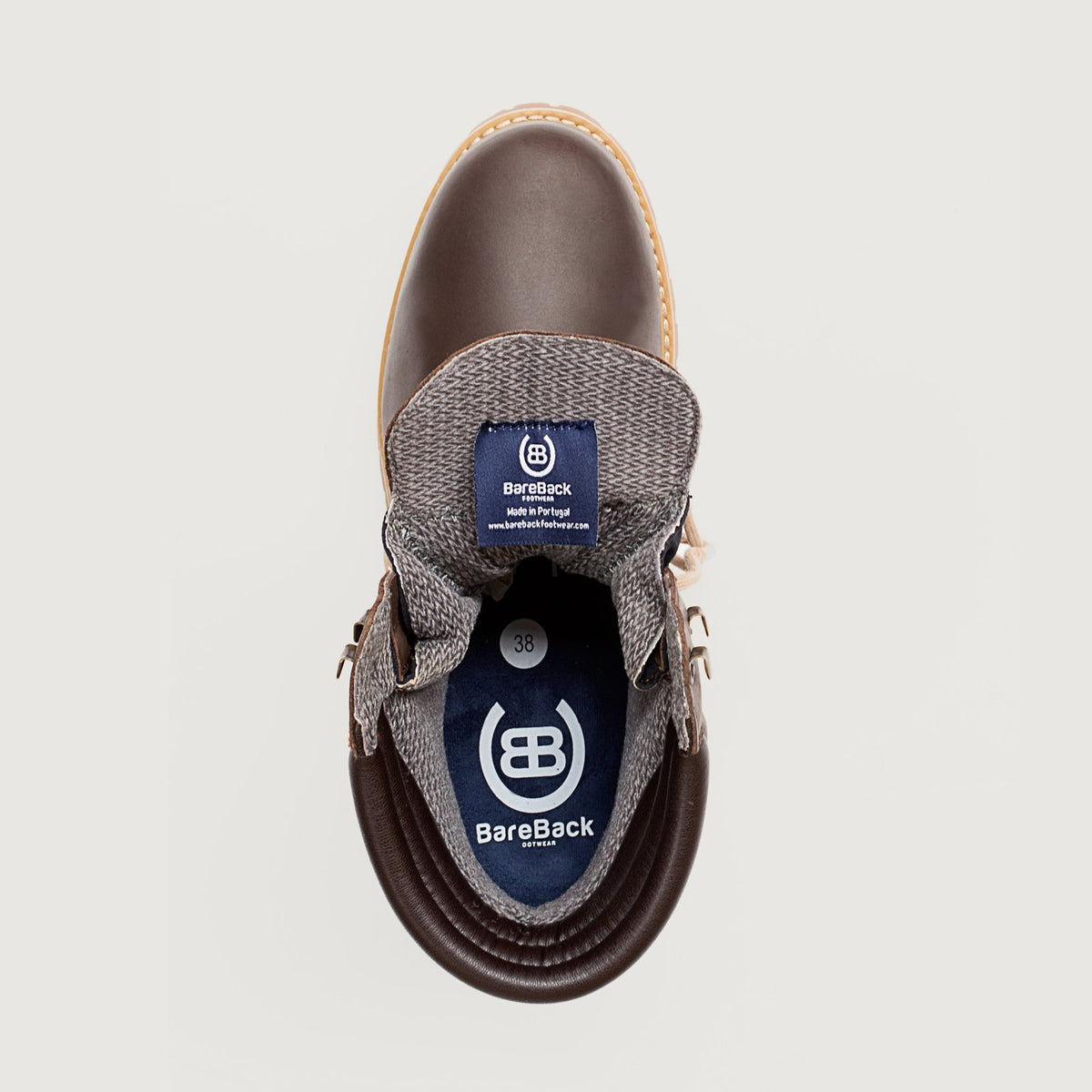 Bareback Rocky waterproof boots in brown, top-down view into the boot showing the branded insole