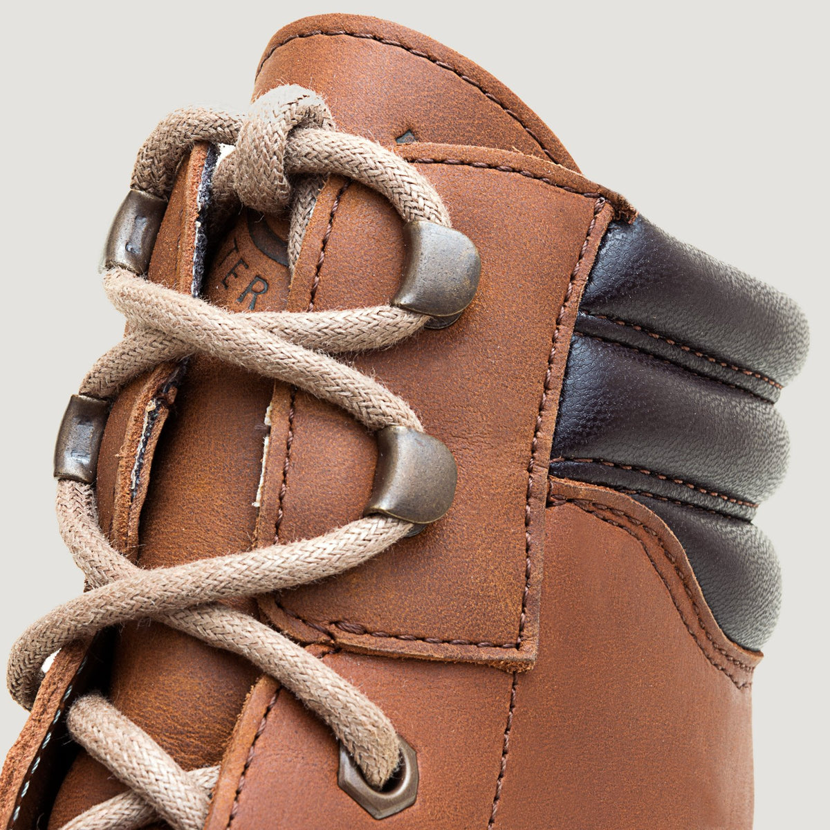 Bareback Rocky waterproof boots in copper, close-up of the lace eyelets and stitching