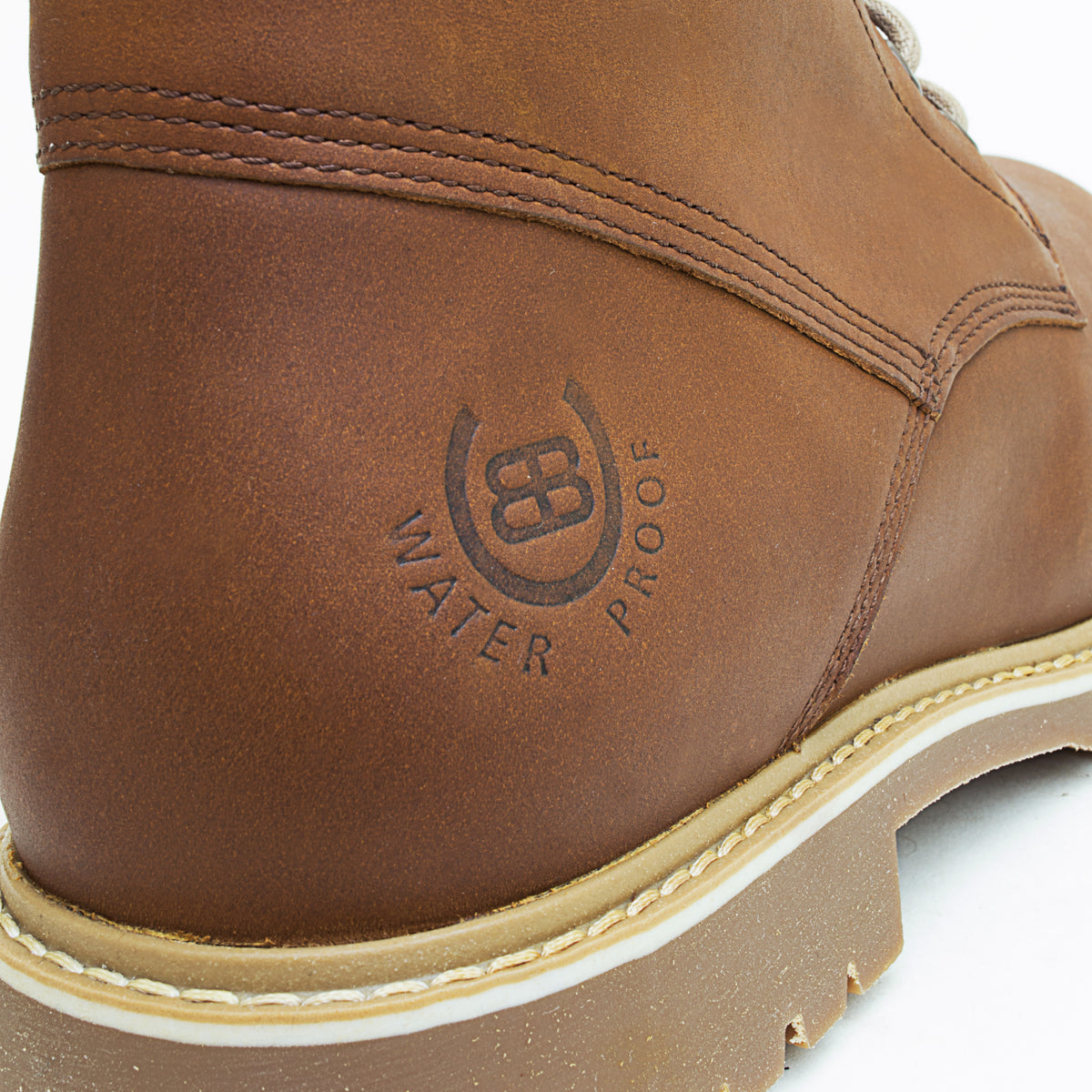 Bareback Rocky Winter waterproof boots in mocha, close-up of the embossed waterproof logo on the heel