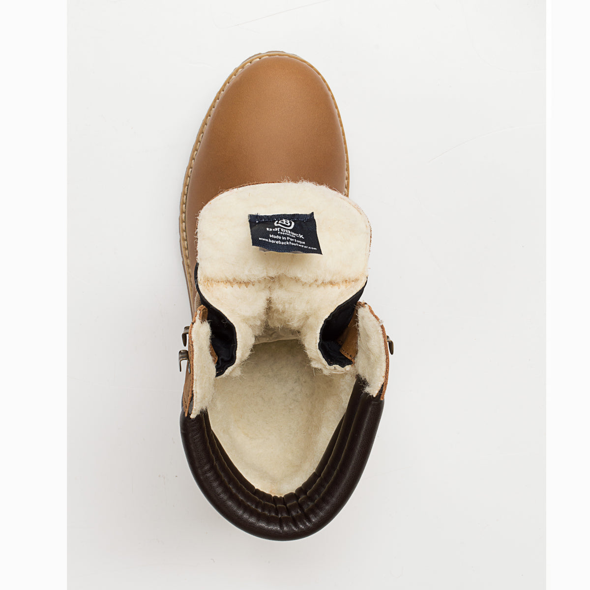 Bareback Rocky Winter waterproof boots in mocha, top-down view into the boot showing the fleece lining