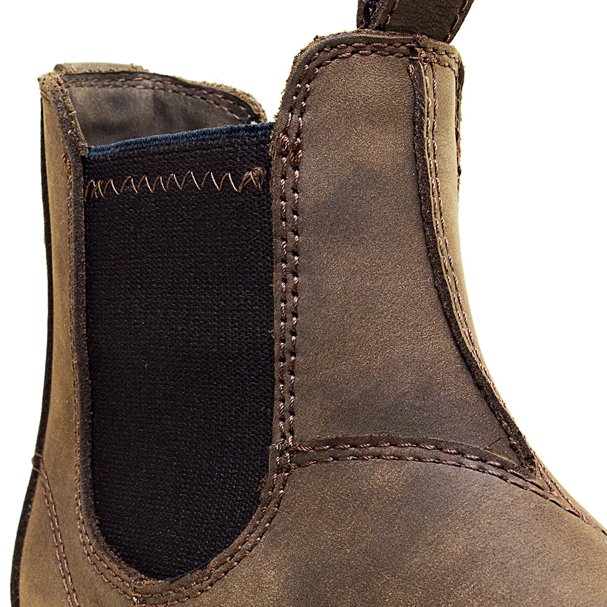 Bareback Vancouver Storm waterproof boots in brown, close-up of the elastic side panel and stitching
