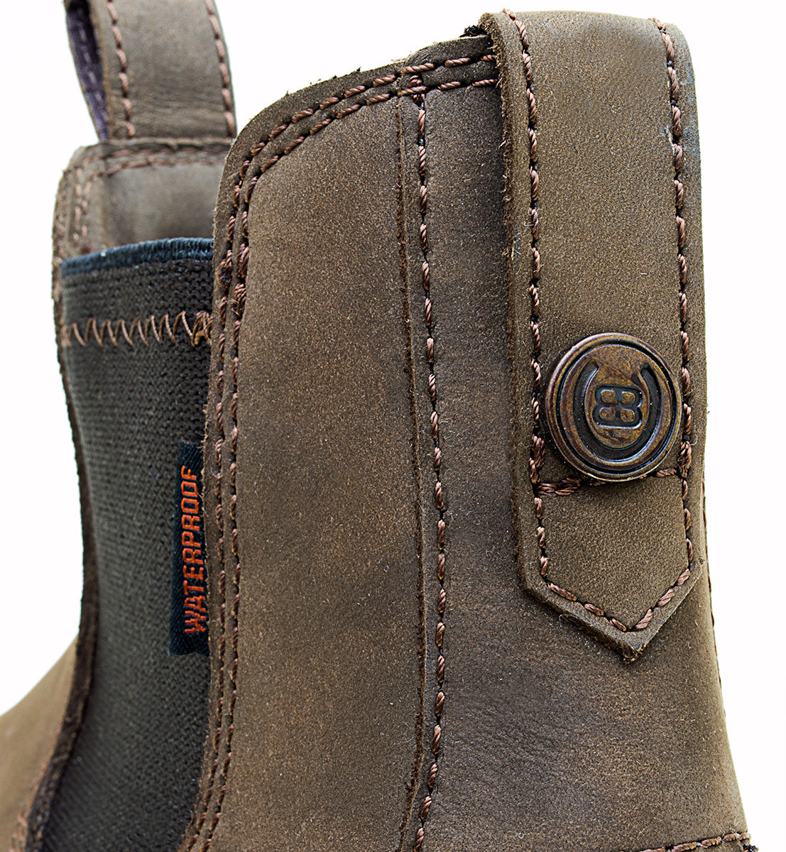 Bareback Vancouver Storm waterproof boots in brown, close-up of the pull tab and elastic side panel