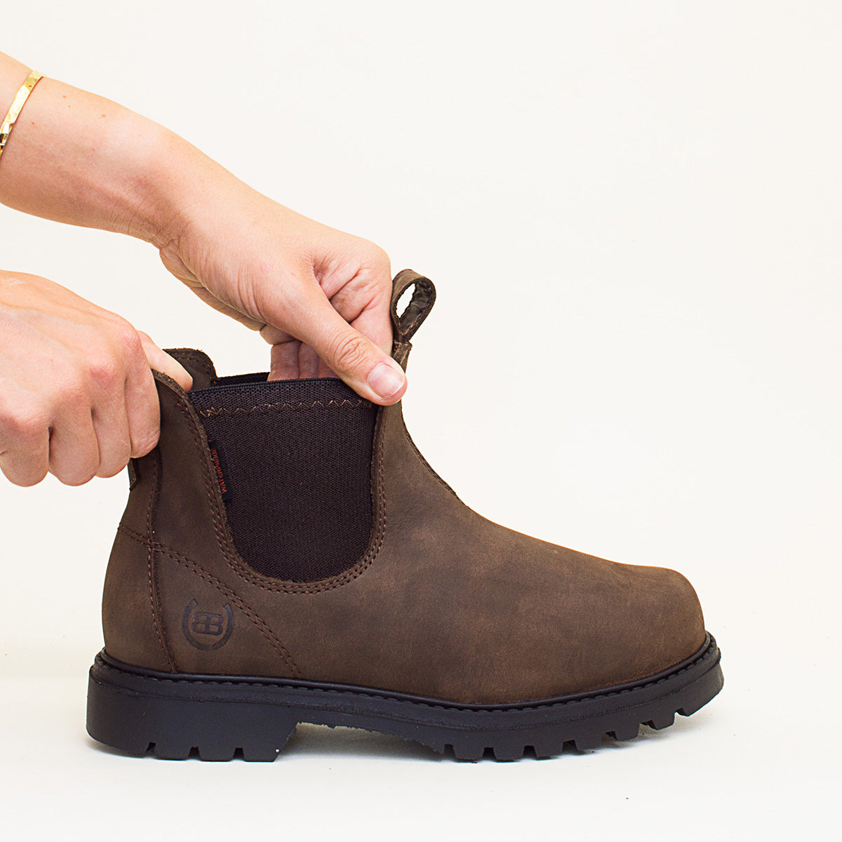 Close-up of the elastic side panel on a Bareback Vancouver Storm waterproof boot in brown leather