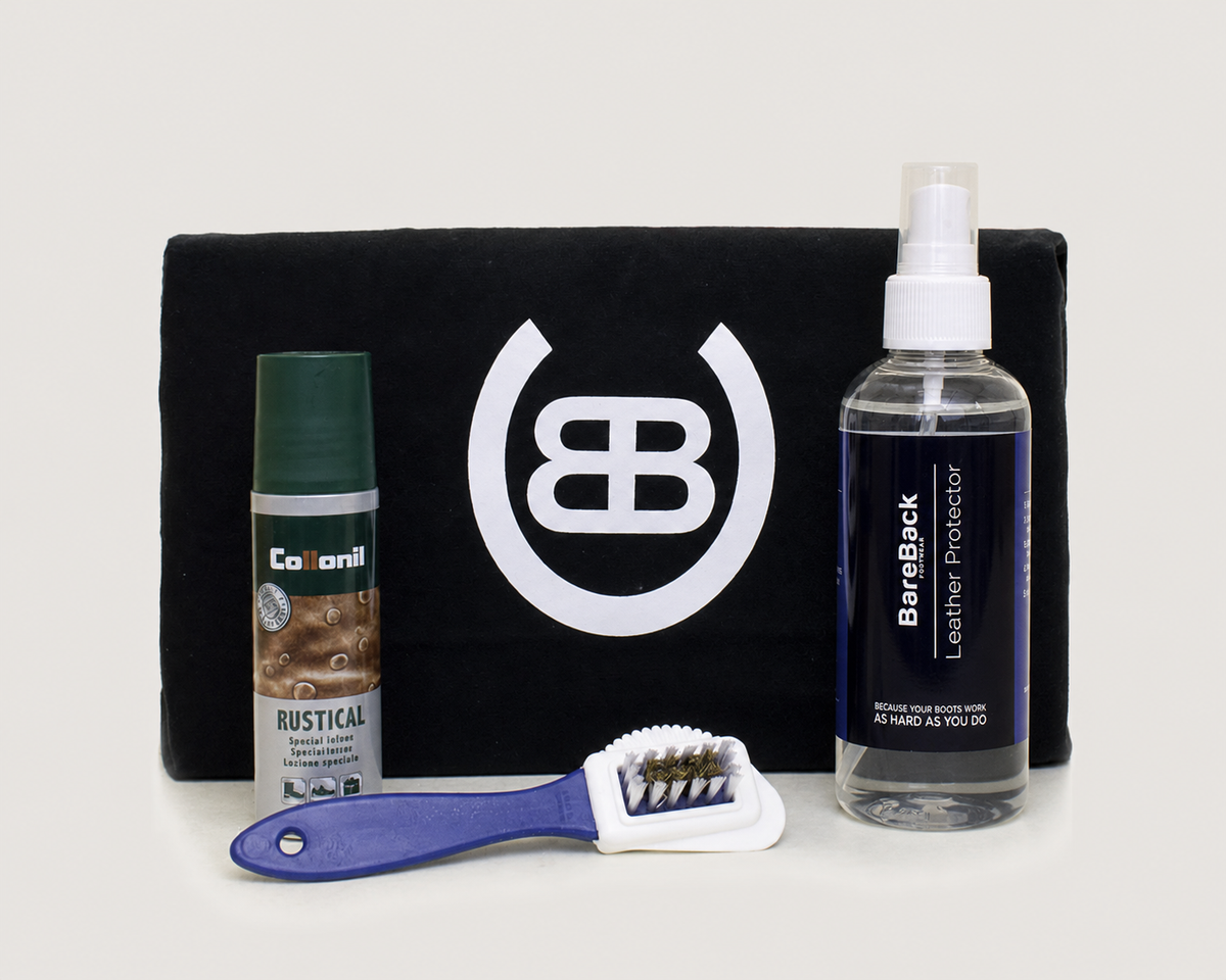 Vancouver brown boots care package with Bareback Leather Protector, lotion, brush and storage pouch