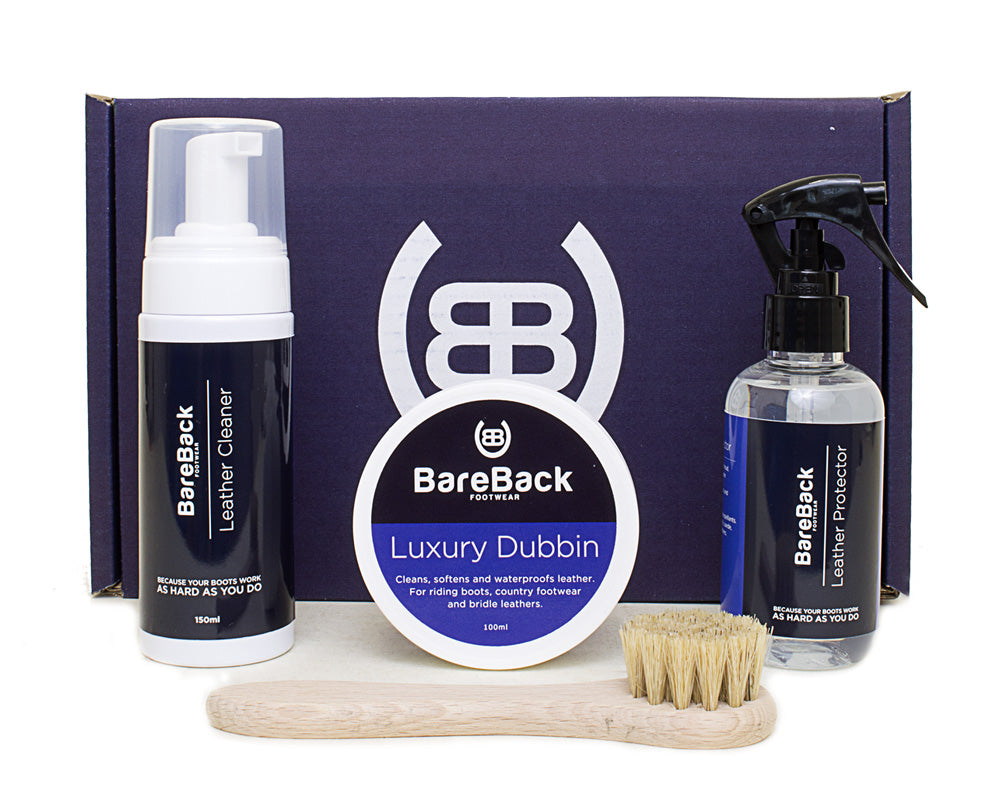 Bareback waxed leather boots care package with leather cleaner, luxury dubbin, leather protector and brush